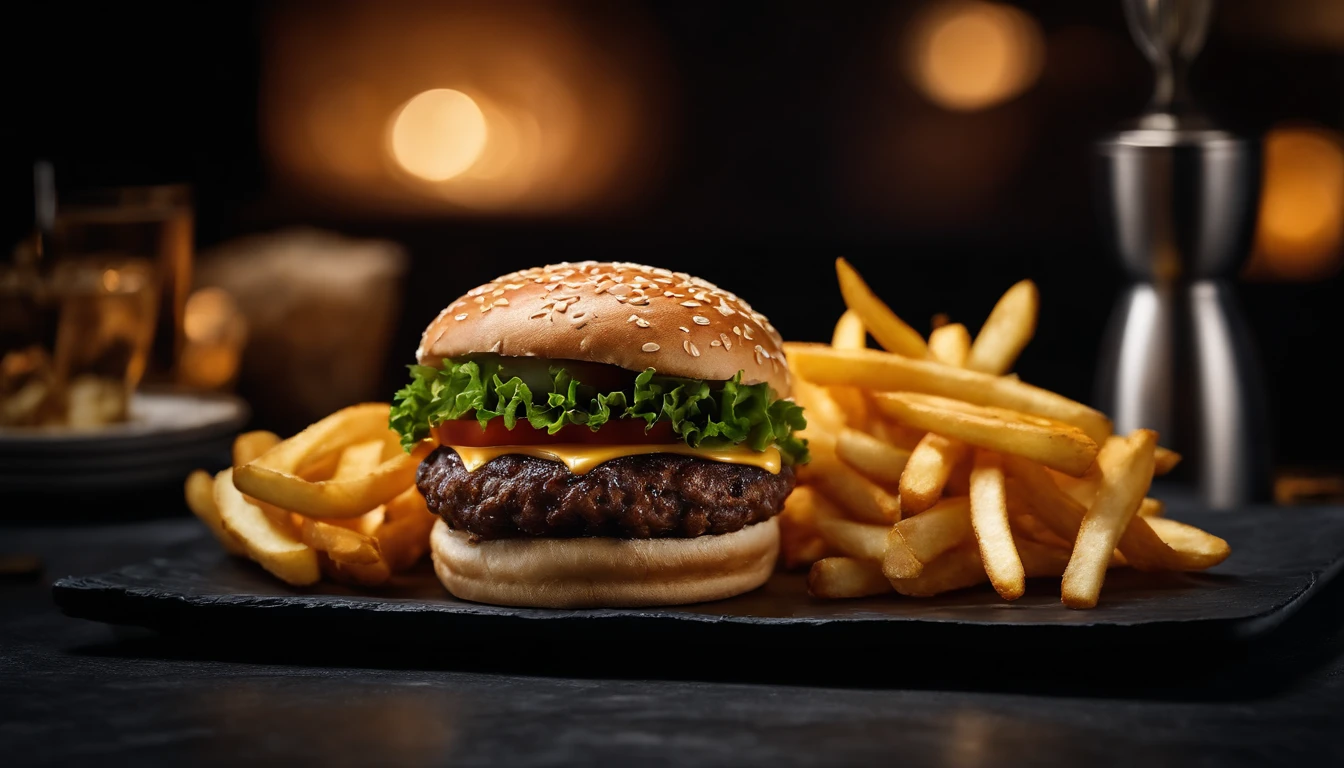 An aesthetic photo of a hamburger served on a trendy black slate plate with a side of golden crispy fries, showcasing the burger’s modern and stylish presentation