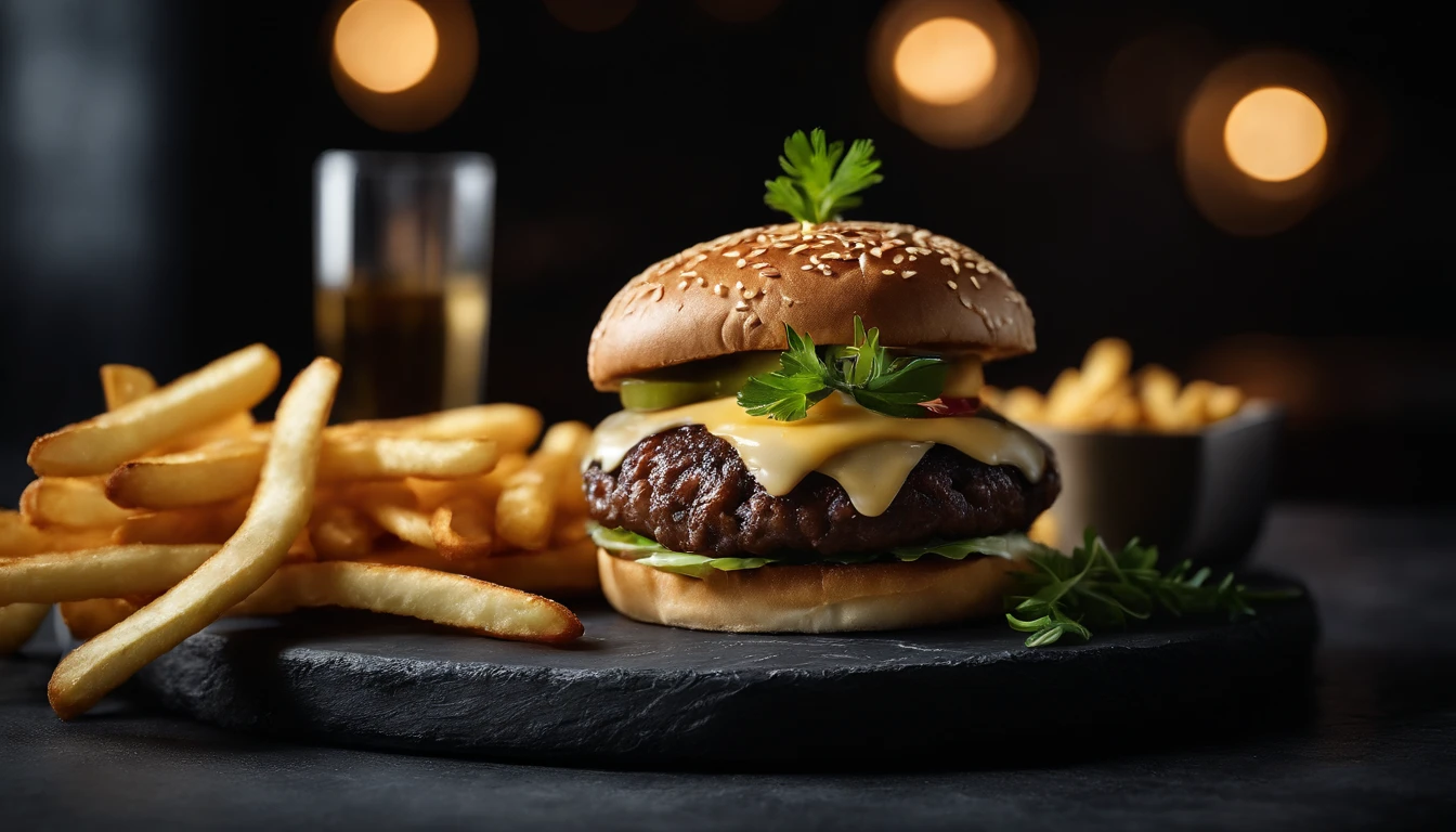 An aesthetic photo of a hamburger served on a trendy black slate plate with a side of golden crispy fries, showcasing the burger’s modern and stylish presentation