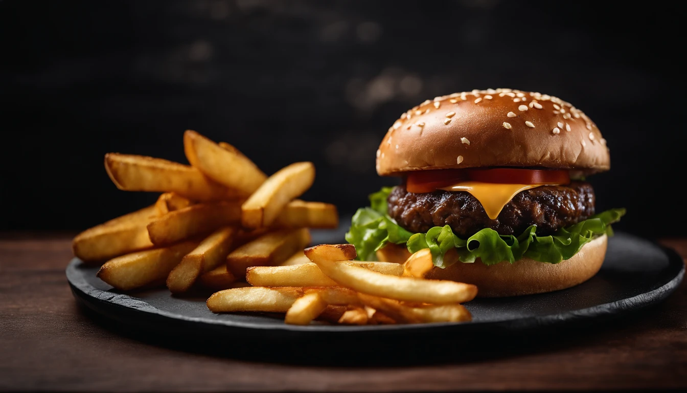 An aesthetic photo of a hamburger served on a trendy black slate plate with a side of golden crispy fries, showcasing the burger’s modern and stylish presentation