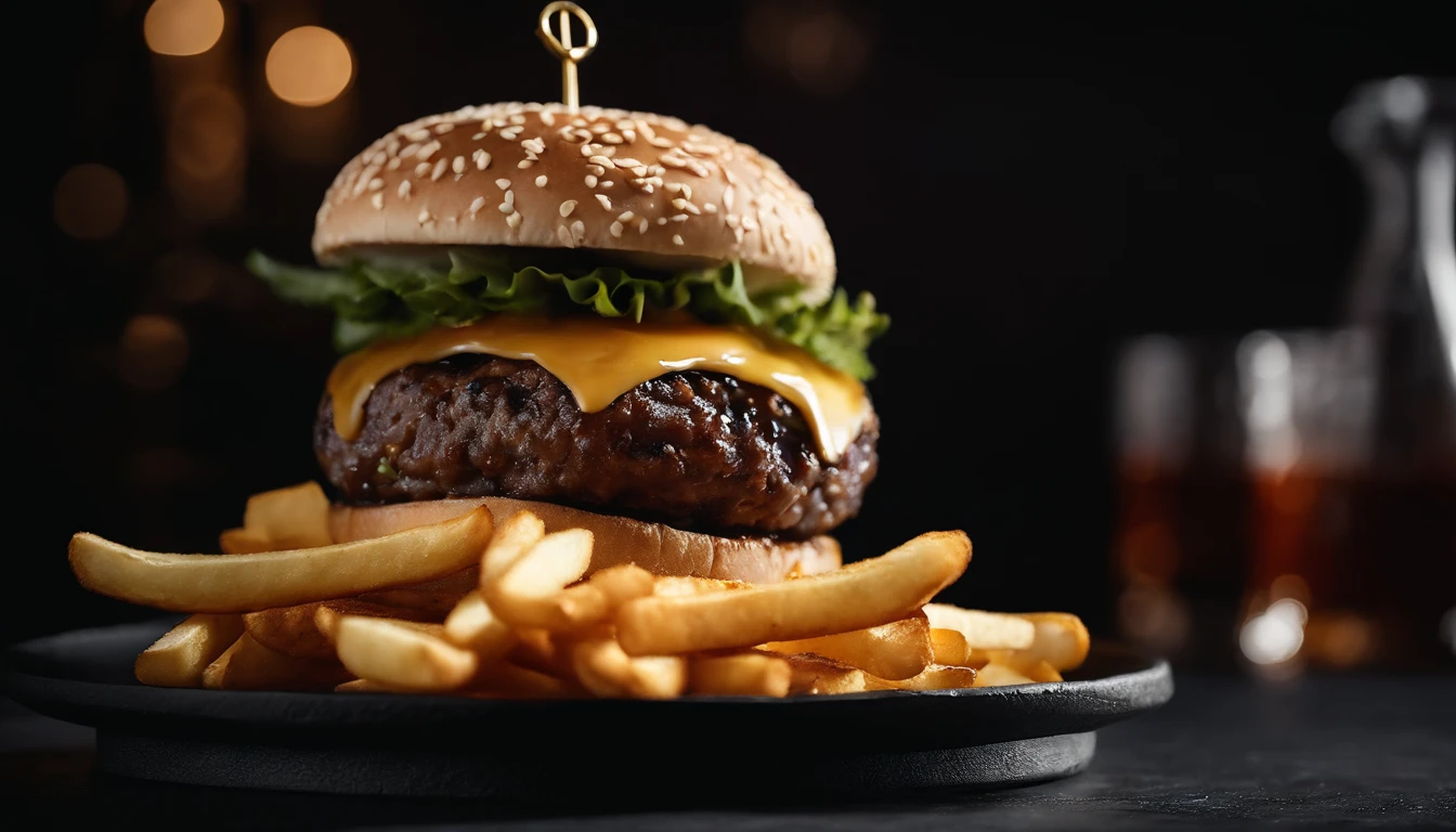 An aesthetic photo of a hamburger served on a trendy black slate plate with a side of golden crispy fries, showcasing the burger’s modern and stylish presentation