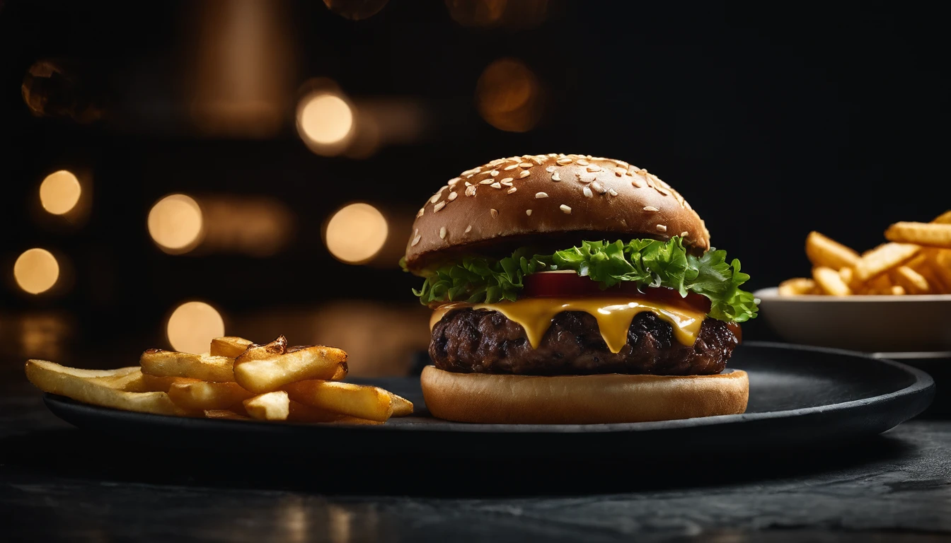 An aesthetic photo of a hamburger served on a trendy black slate plate with a side of golden crispy fries, showcasing the burger’s modern and stylish presentation