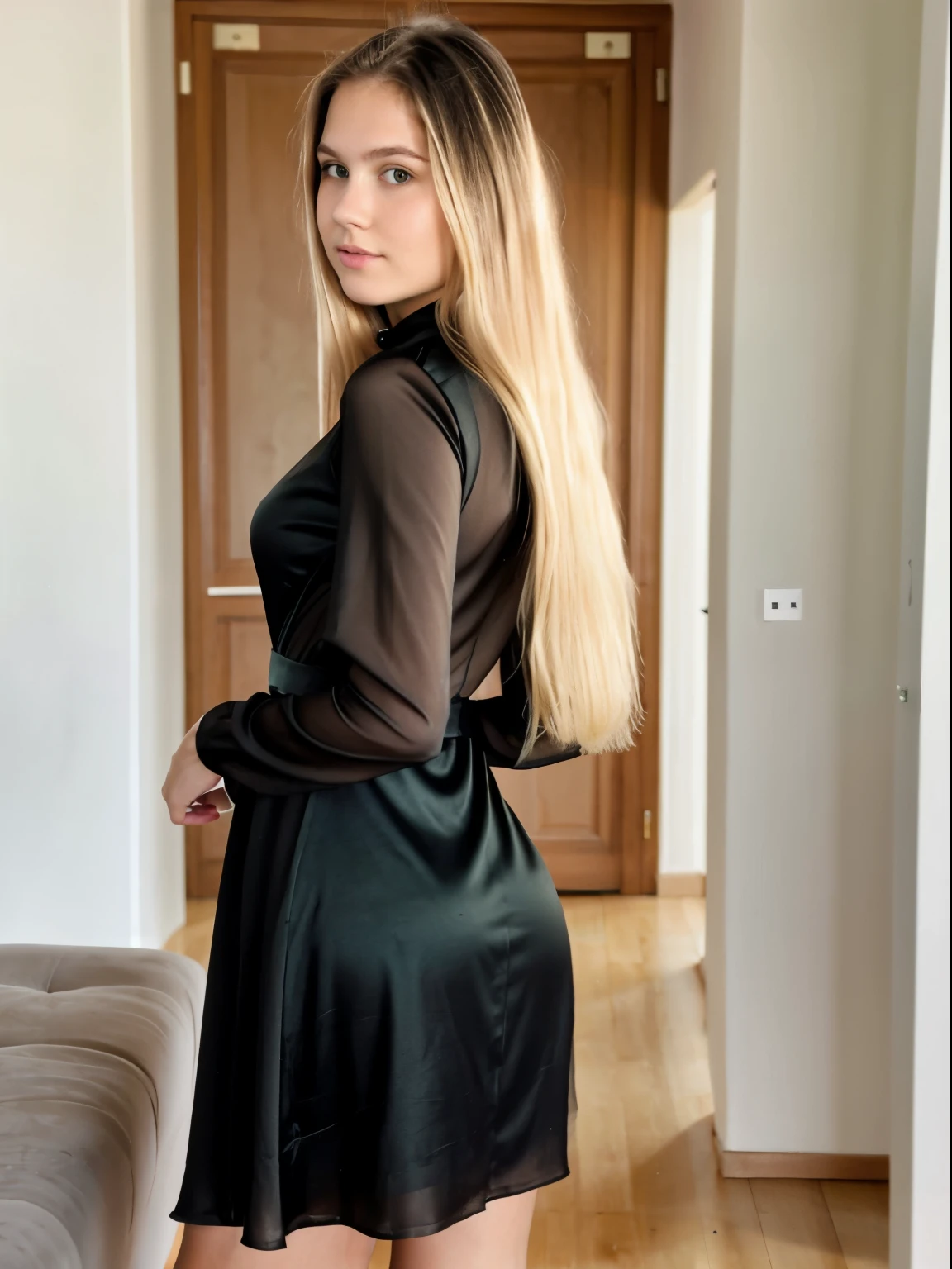 1 girl 19 years old, Long hair, big chest, hourglass figure, blonde hair, green eyes, Realistic, sexy and slim, dark clothes, detailed eyes and face, sharp focus, full body, nice fashion black dress
