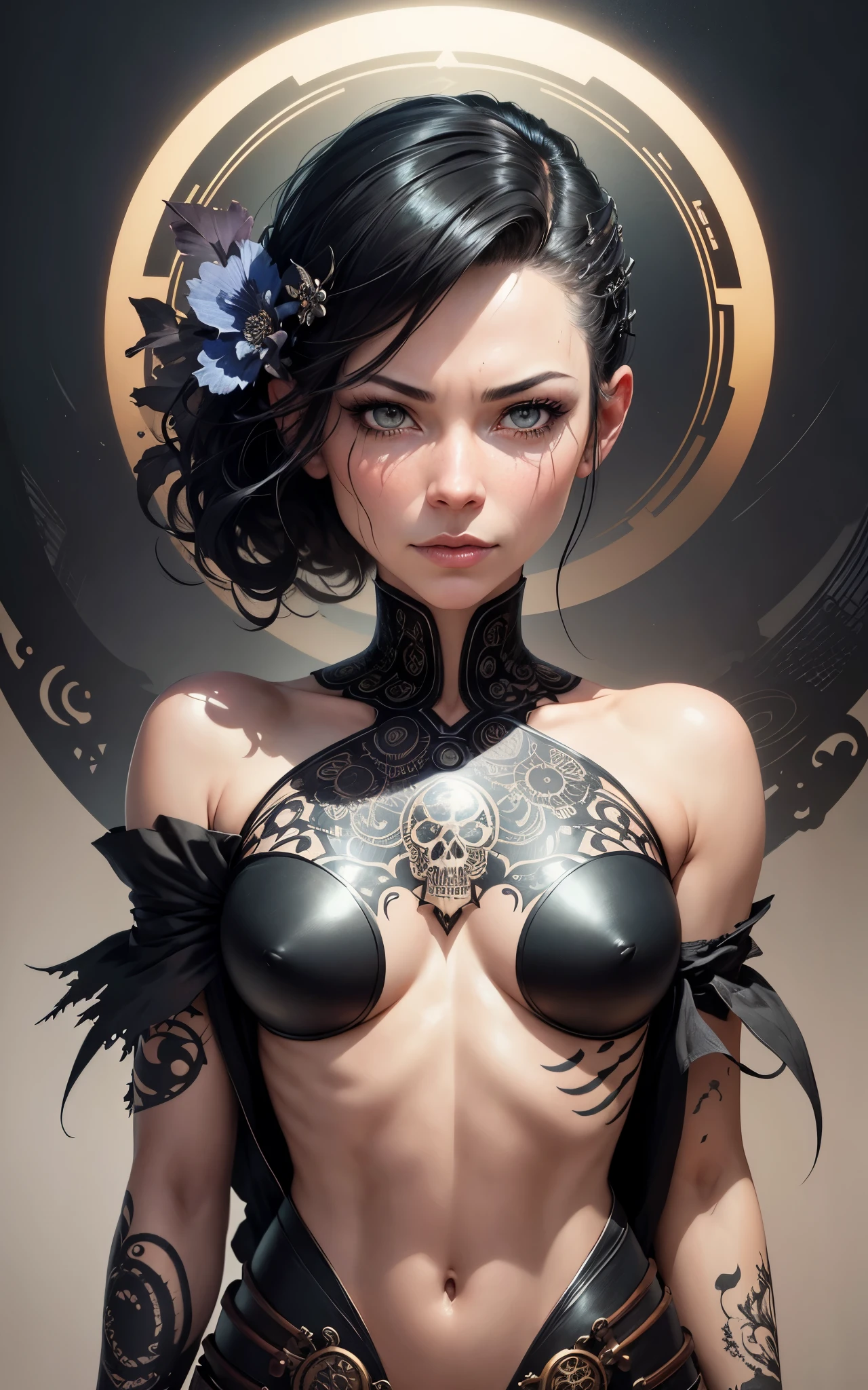 (Evangeline Lilly) is a beautiful charming woman carved out of dark smoke, dressed as a Steampunk girl in black, circular colored smoke, waves of shadows at night, abstract skull ornaments, pixie back fade haircut, soft colors, flat 4d street art in the style of adrian ghenie, esao andrews, jenny saville , edward hopper, surrealism, james jean dark, takato yamamoto, inkpunk minimalism, , detailed symmetrical brown eyes with circular iris, seamless geometric pattern harmony, luminogram, iron gall ink, art by Russ Mills, Sakimichan,, by GIlSam -paio octane rendering depicting innovation and truth, 8k, by Lee Jeffries, depth - Gs studio