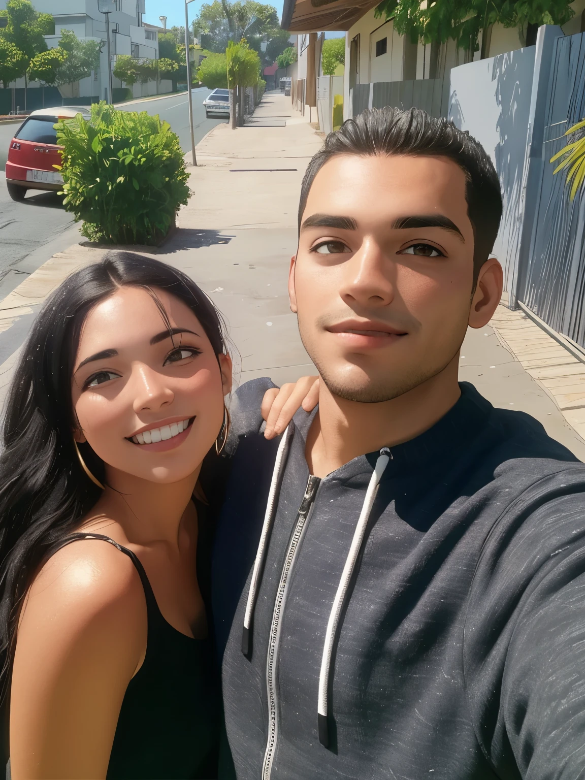 there is a man; e uma mulher morena com longos cabelos pretos; tirando uma selfie; desenho animado;