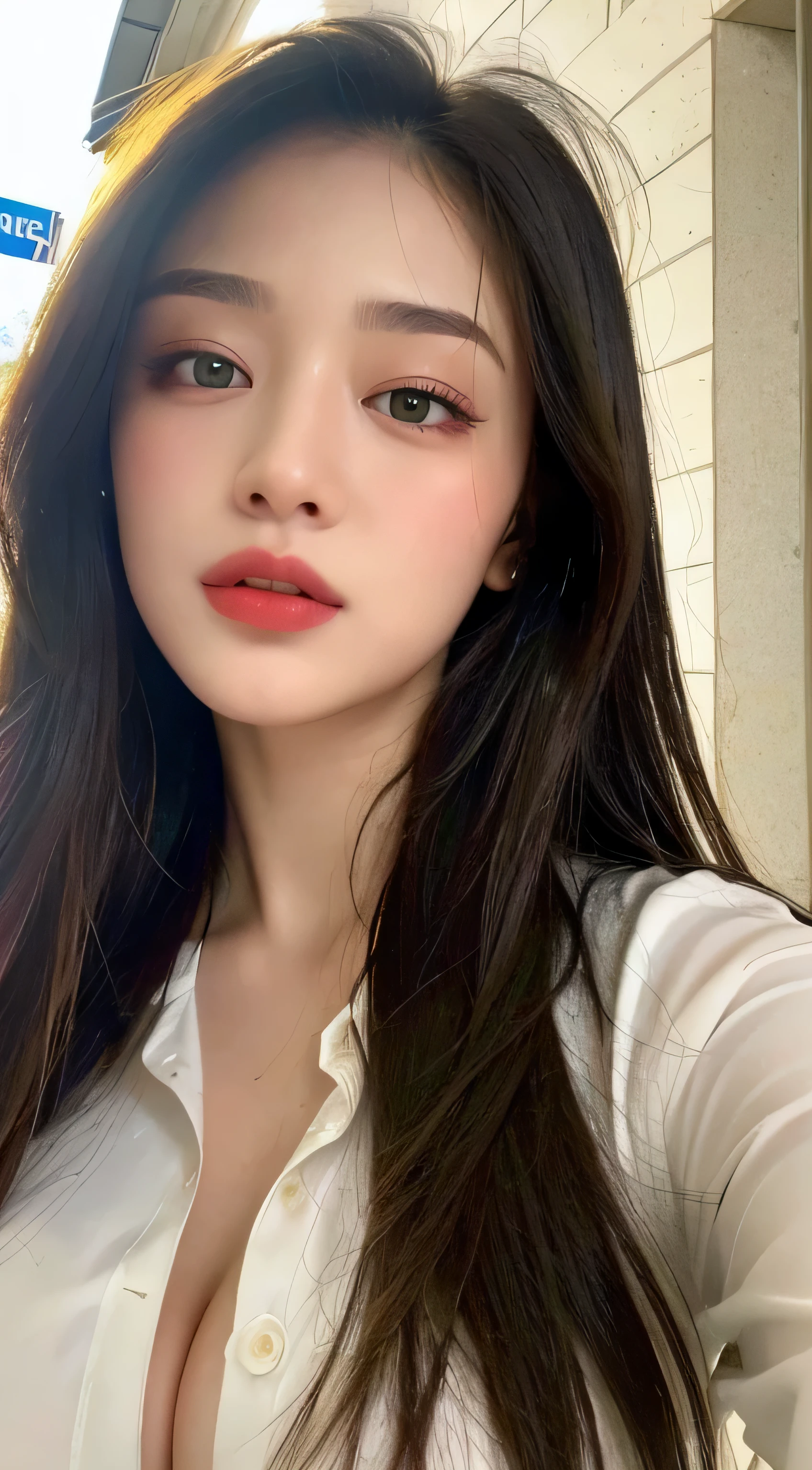 ((Best Quality, 8K, Masterpiece: 1.3)), Sharp: 1.2, Perfect Body Beauty: 1.4, Slim Abs: 1.2, ((Big Breasts: 1.2)), (Wet White Button Long Shirt: 1.1), (Rain, Street: 1.2), Wet: 1.5, Highly detailed face and skin texture, detailed eyes, double eyelids, side face looking at the camera, (huge boobs:1.4), long dark hair, red glossy lips, blue or green eyes