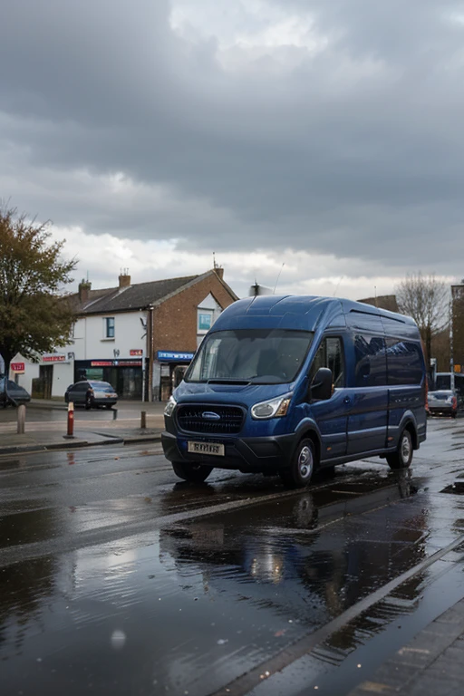 Ford Transit which color is blue, driving in UK small city during rainy winter day