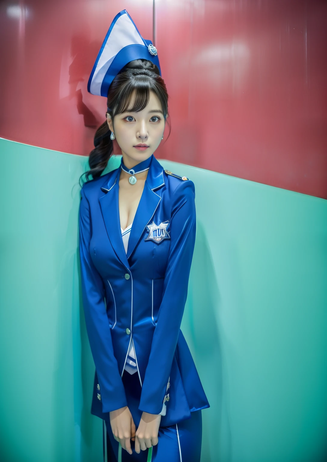 mulher em um uniforme azul posando para uma foto, fotografia, profissional , Ayaka , Cosplayer, , publicidade , Vestindo o uniforme da RR Diner, , Portrait of female Korean idol, Tiro na Nikon Z9, elegante glamoroso