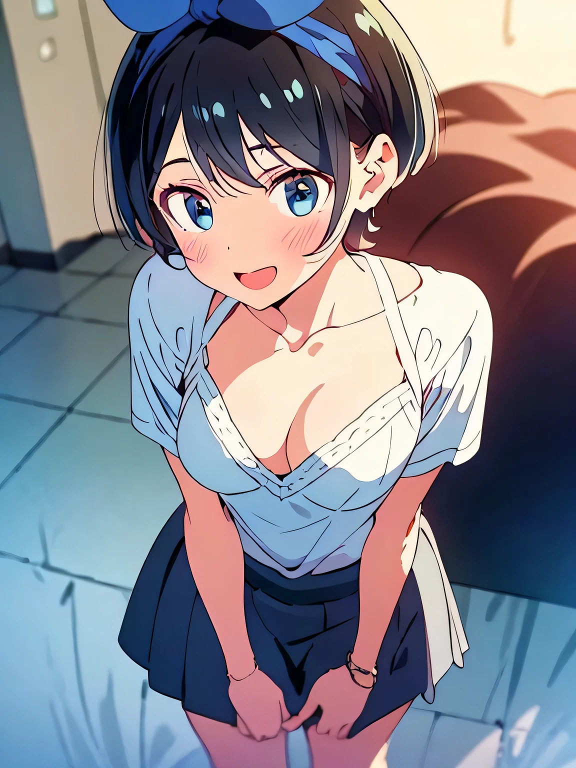 masterpiece, Best Quality,Illustration, Wallpaper, Ultra Detail, 1girl in,Solo,Beautiful detailed eyes,Very thick contour lines、Medium Short-Cut Hair、Short, Braided hair、(student clothes)、Dark hair color、cute smile、Overlooking angle:1.2、small head、ample breasts