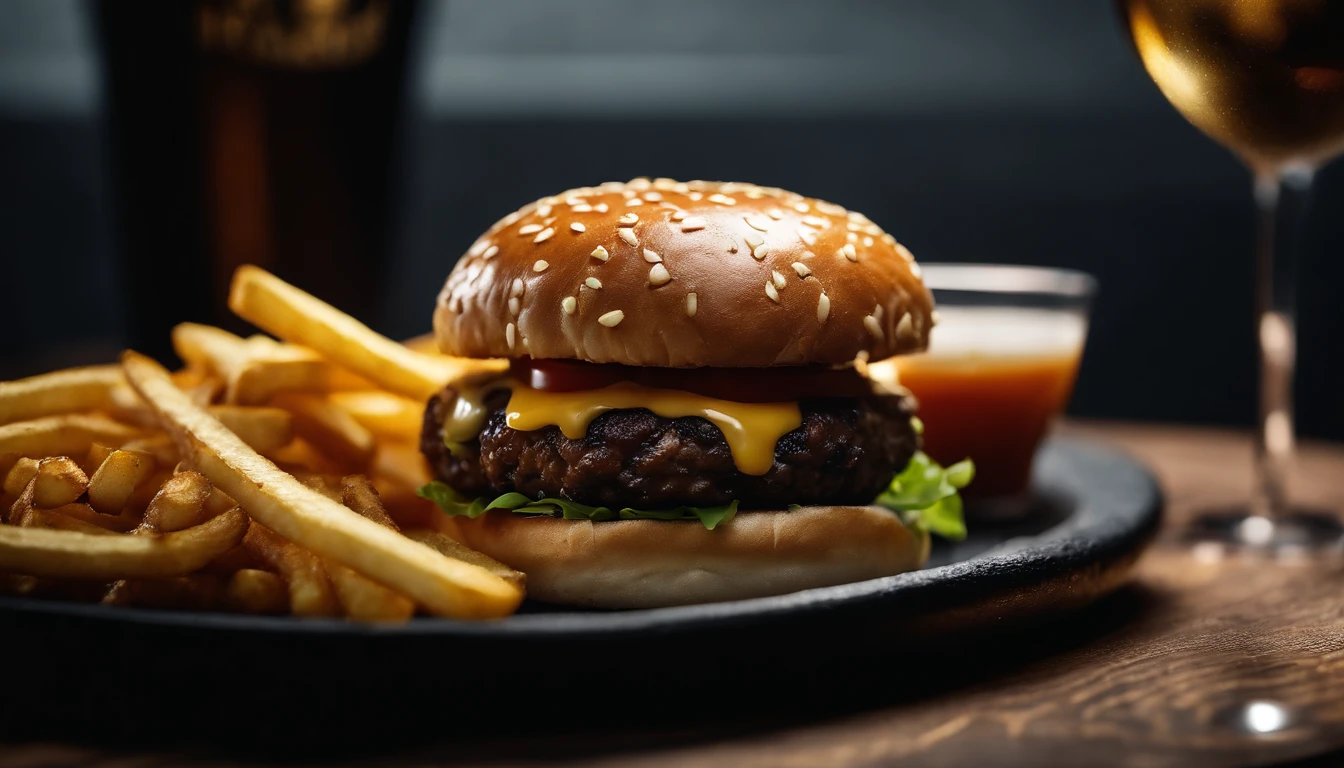An aesthetic photo of a hamburger served on a trendy black slate plate with a side of golden crispy fries, showcasing the burger’s modern and stylish presentation
