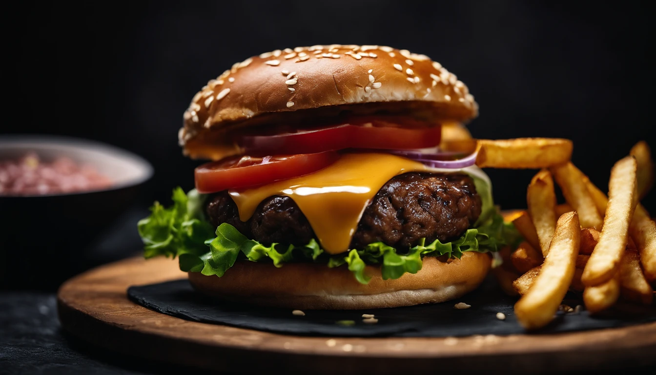 An aesthetic photo of a hamburger served on a trendy black slate plate with a side of golden crispy fries, showcasing the burger’s modern and stylish presentation