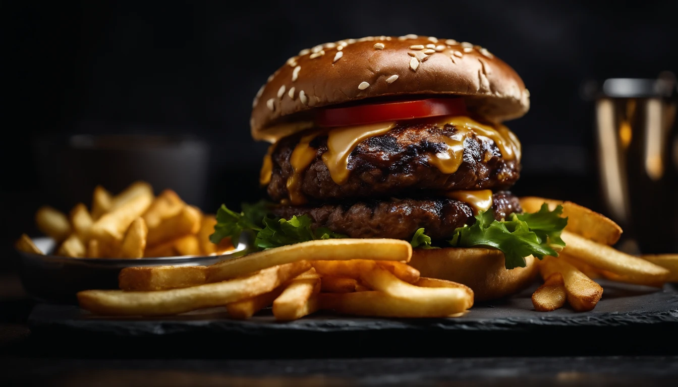 An aesthetic photo of a hamburger served on a trendy black slate plate with a side of golden crispy fries, showcasing the burger’s modern and stylish presentation