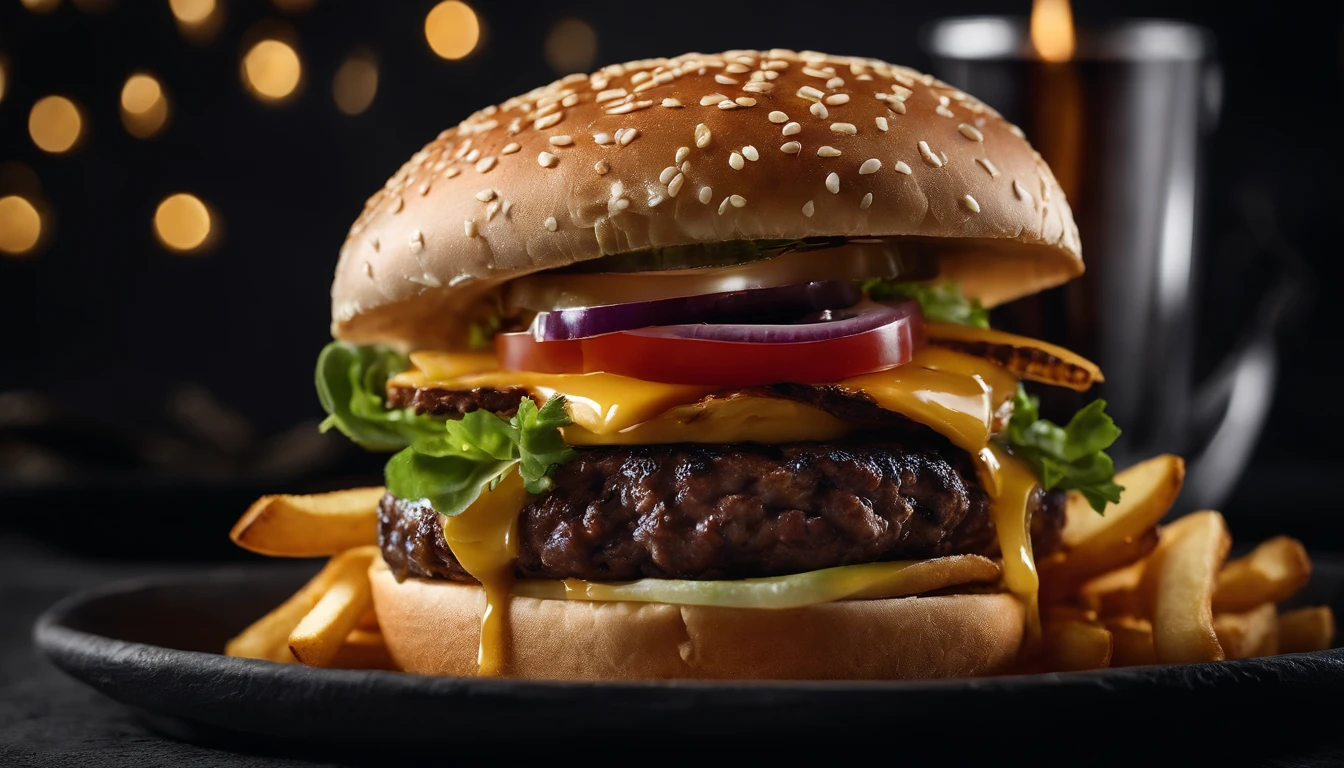 An aesthetic photo of a hamburger served on a trendy black slate plate with a side of golden crispy fries, showcasing the burger’s modern and stylish presentation