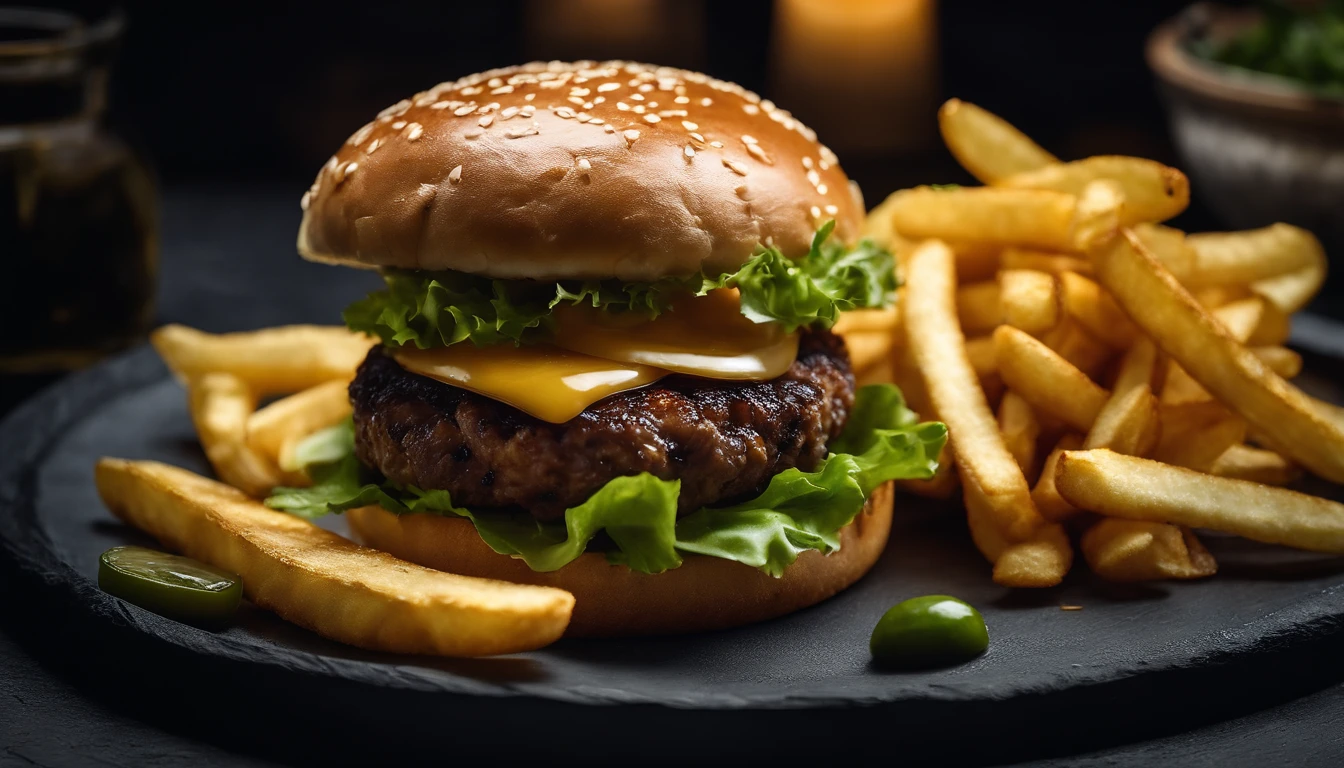 An aesthetic photo of a hamburger served on a trendy black slate plate with a side of golden crispy fries, showcasing the burger’s modern and stylish presentation