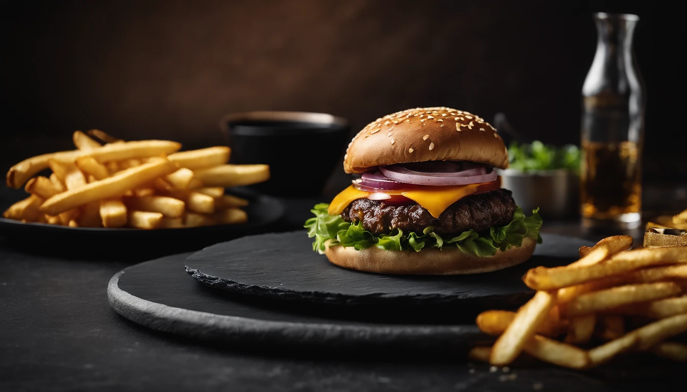 An aesthetic photo of a hamburger served on a trendy black slate plate with a side of golden crispy fries, showcasing the burger’s modern and stylish presentation