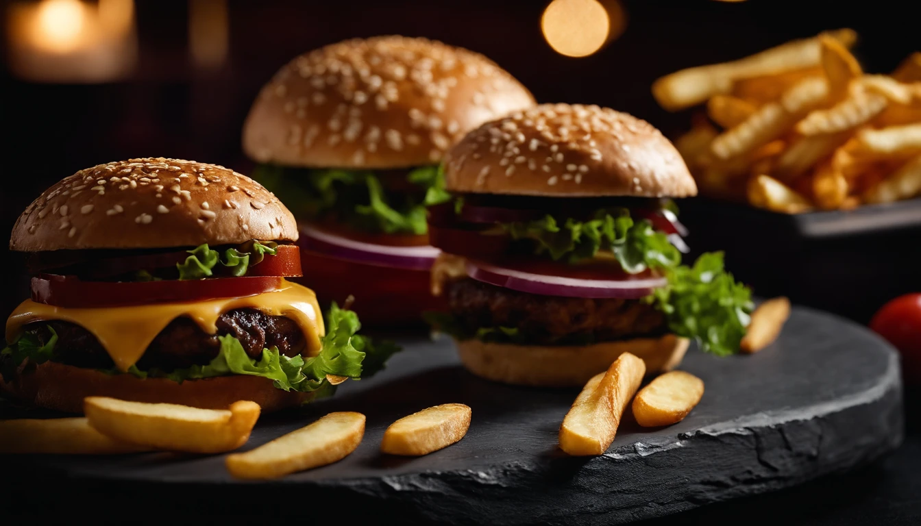 An aesthetic photo of a hamburger served on a trendy black slate plate with a side of golden crispy fries, showcasing the burger’s modern and stylish presentation