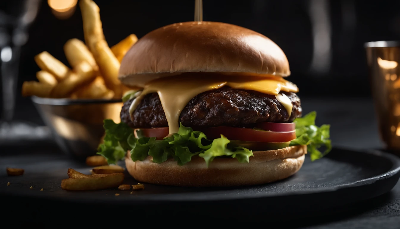 An aesthetic photo of a hamburger served on a trendy black slate plate with a side of golden crispy fries, showcasing the burger’s modern and stylish presentation