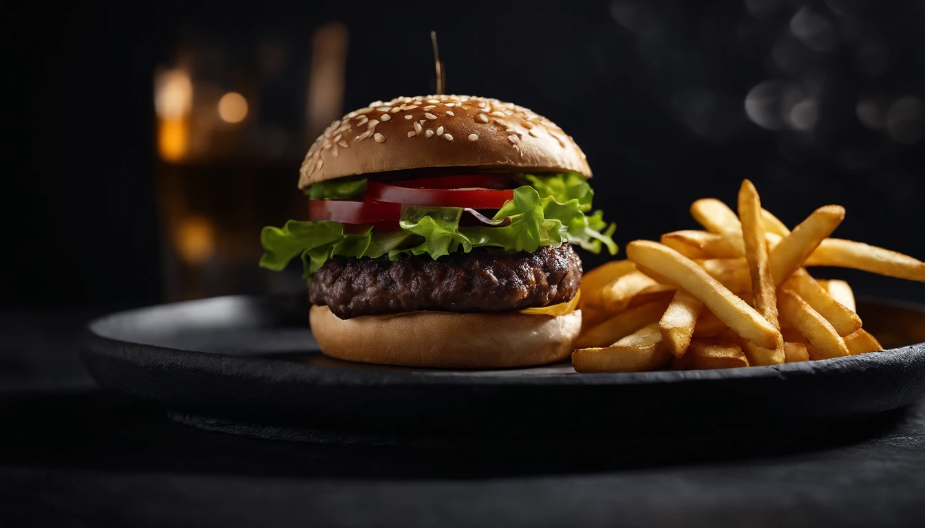 An aesthetic photo of a hamburger served on a trendy black slate plate with a side of golden crispy fries, showcasing the burger’s modern and stylish presentation