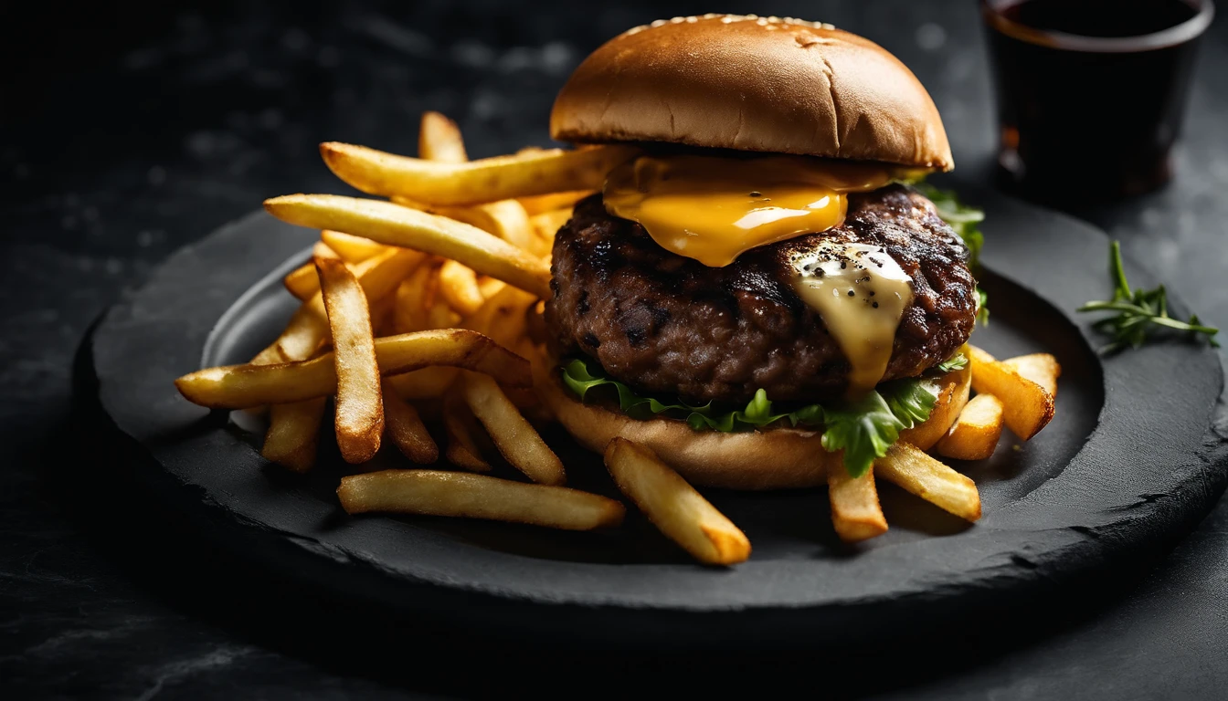 An aesthetic photo of a hamburger served on a trendy black slate plate with a side of golden crispy fries, showcasing the burger’s modern and stylish presentation