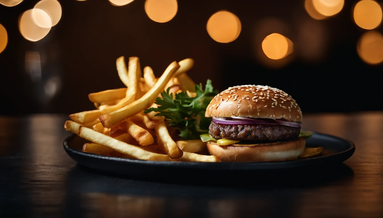 An aesthetic photo of a hamburger served on a trendy black slate plate with a side of golden crispy fries, showcasing the burger’s modern and stylish presentation