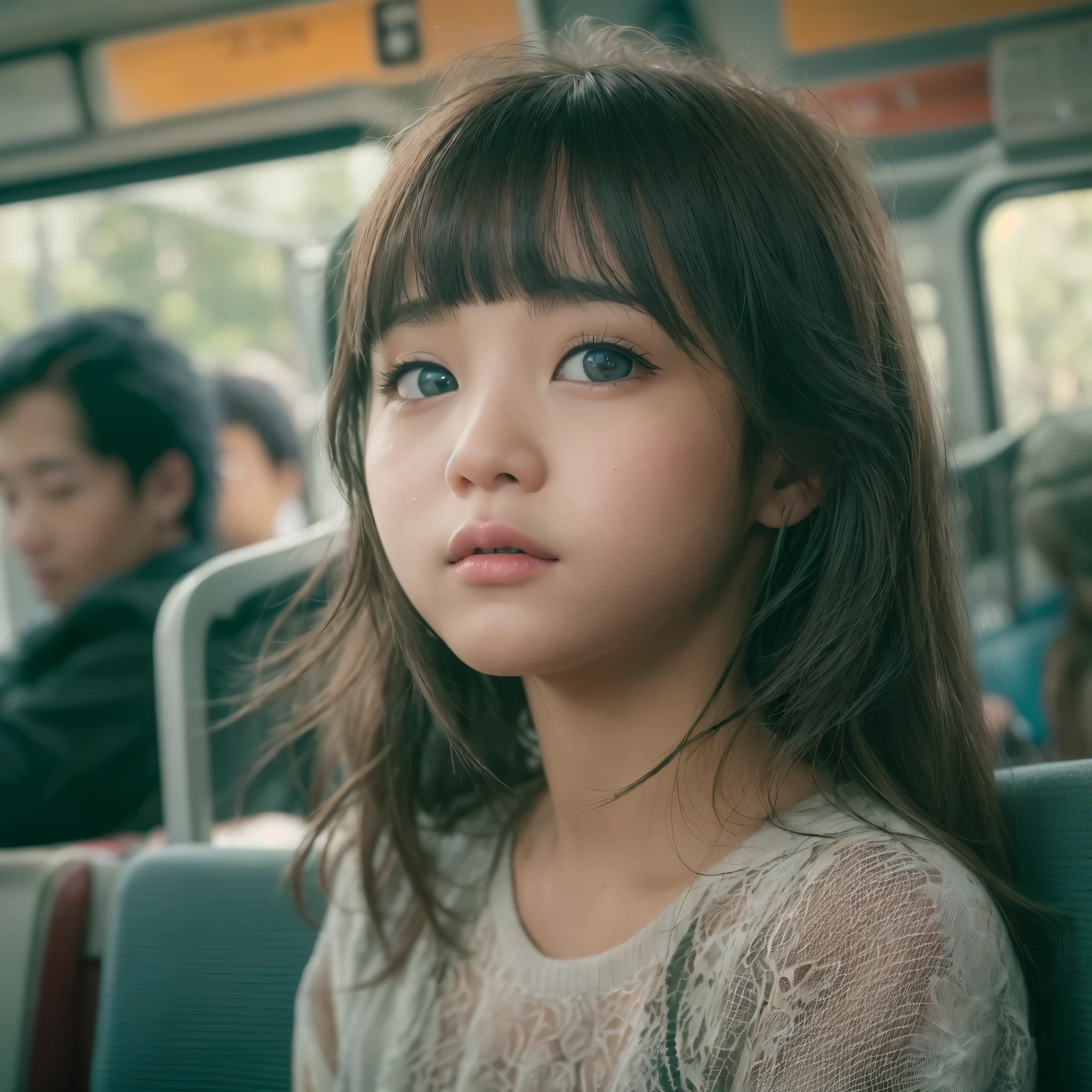 ((Best-quality, Masterpiece, Ultra-High-Resolution, (Photorealistic:1.4), Raw-Photo, Extremely-Detailed, Perfect-Anatomy)), ((face-focus, portrait, close-up of face)), 1 , She is the most famous Japanese child actrehe is sitting on the bus seat.
She feels surprisingly sexually excited.
She thinks she wants to masturbate right now.
She wants to give someone blowjob and drink cum right now.
(((Her panties are soaked with vaginal secretions because she is so sexually aroused.)))