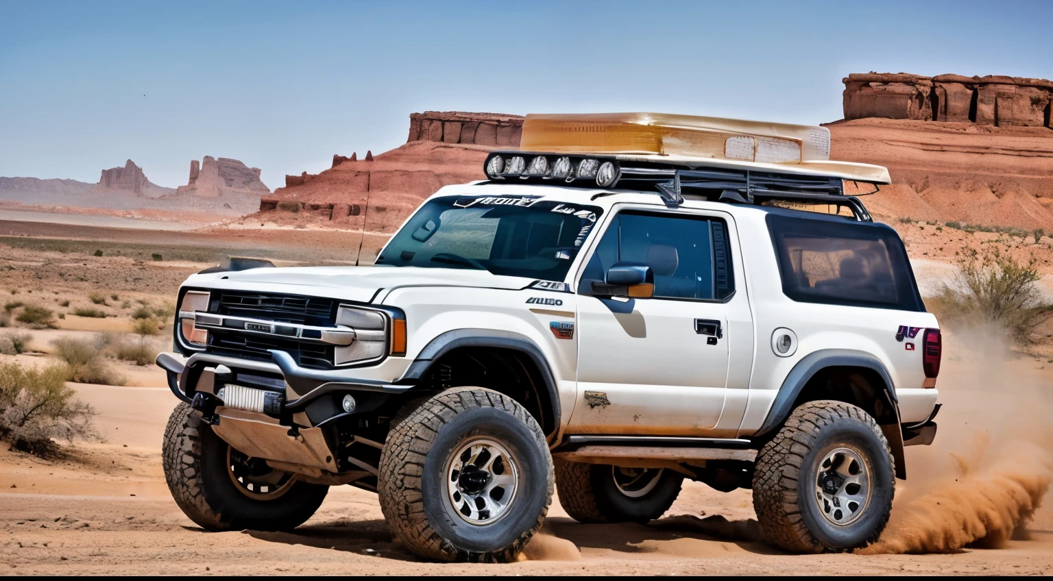 masterpiece photo Ford Bronco PreRunner with Baja suspension, large off-road tires, expedition tuning: : 2, highly detailed body, highly detailed tires, cinematic, hyper-realistic, symmetrical, desert, bright sun, rocky ridge: : 2, photo by Sabiha Çimen: : 2, highest quality, professional photography