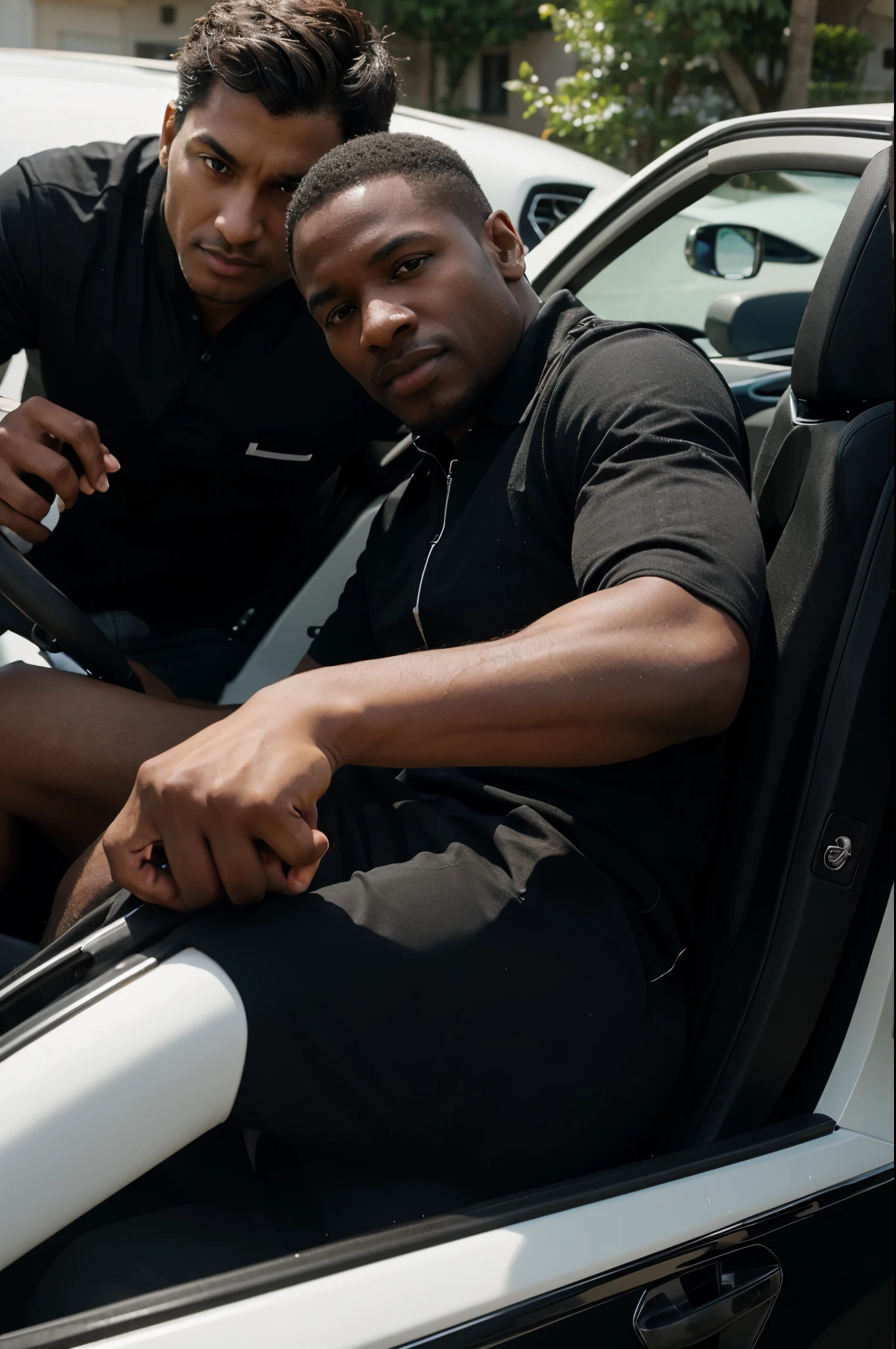 Rich black man behind a sports car