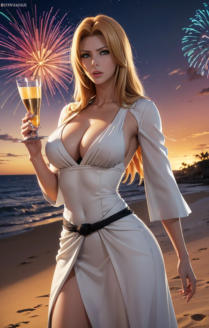 Rangiku bleach, foto de corpo inteiro , pernas grossas e bonita do mais alto grau baseada na personagem rangiku extremely high quality, noite, lots of fireworks, Monday a glass of champagne, A mais alta qualidade de imagem, Top resolution, Fotos RAW, Foto Realista, ultra detalhado e bonito, Detalhes mais altos, Pele clara bonita, (seios grandes, seios aparente, White dress, medium hips, Athletic body, olhos pretos brilhantes, cabelos longos, cabelo loiro, arte digital, 4k, detalhes perfeitos, hipnotizantes, feito profissionalmente, beautiful vector illustration, 12k resolution, ..3d, ((altamente detalhado)),((Ultra alta qualidade)), na praia, bem detalhado