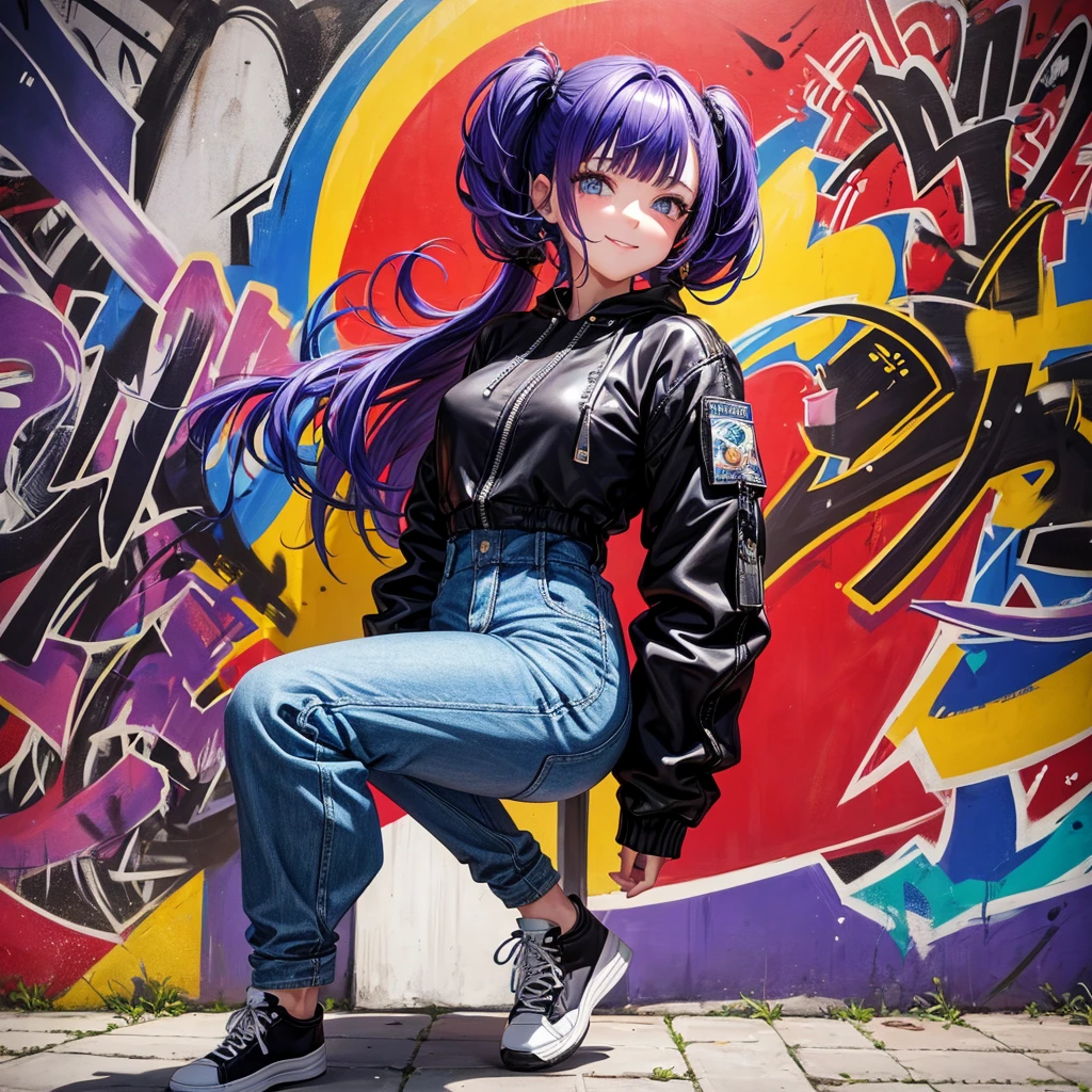 A young woman with robotic arms, olhos violetas e cabelos longos na cor roxa e violeta. She's wearing a denim jumpsuit, a black bomber jacket and white sneakers. She is standing in front of a graffiti mural, em um bairro urbano. The mural is colorful and vibrant, com imagens de pessoas, animais e plantas. Young woman is smiling, com um olhar de alegria no rosto.