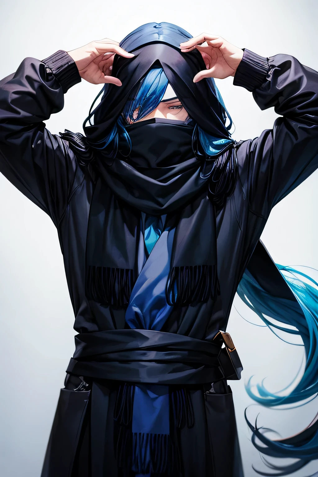 homem com cabelo comprido azul, a black scarf covering the eyes
