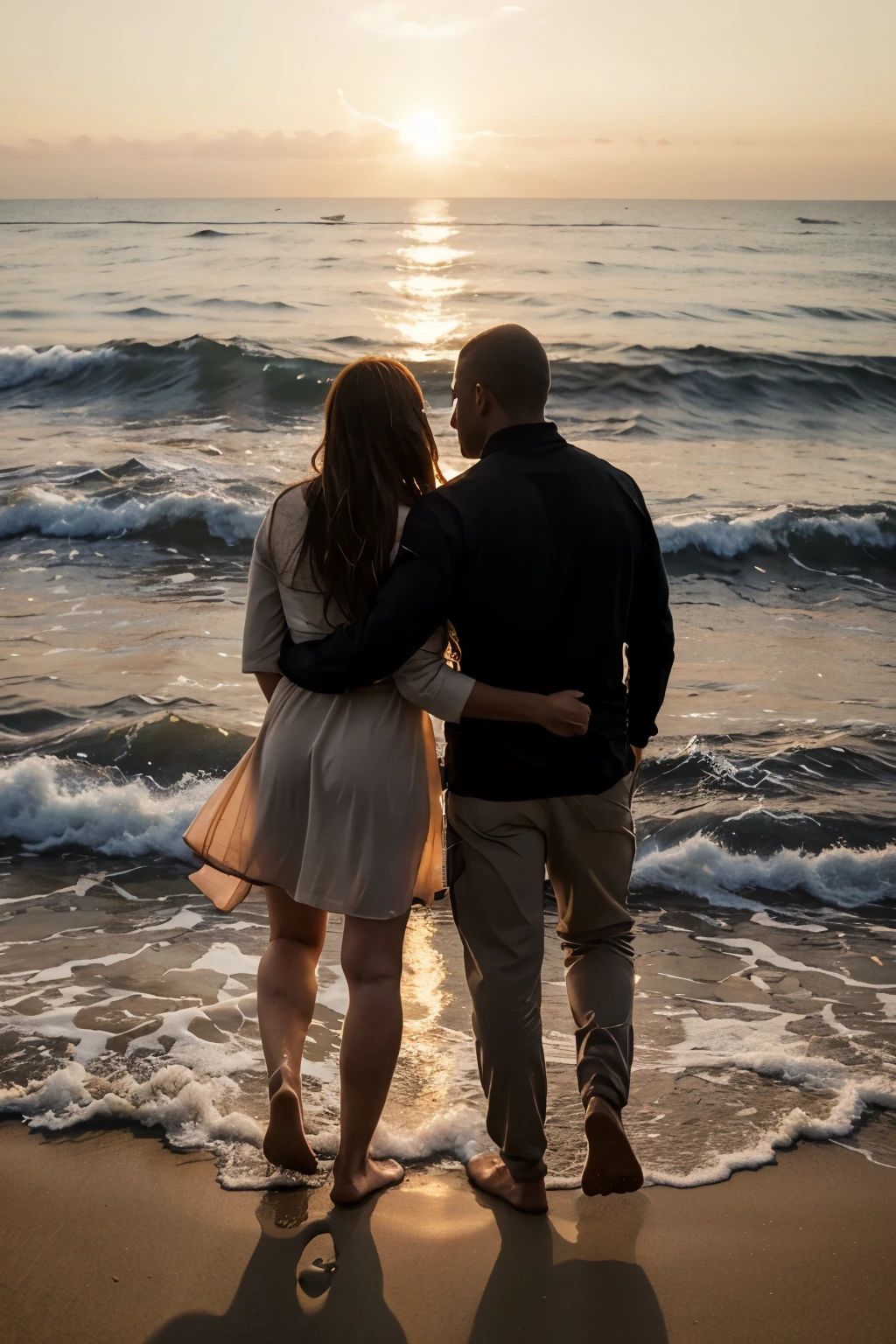 On a quiet afternoon by the sea, the sun began to set as a couple walked hand in hand on the soft sand. O som suave das ondas e as gaivotas ao longe criavam uma atmosfera serena. De repente, a calma foi interrompida por um rugido distante. O casal, curioso, olhou para o horizonte, only to see a colossal wall of water rising from the ocean. The sky painted in orange tones contrasted with the imminent threat that was approaching.. Com olhares de choque e medo, o casal percebeu que um tsunami gigante estava prestes a atingir a costa. Capture the mix of emotions as they try to decide whether to run to safety or stay there, amazed and frightened by the force of nature.