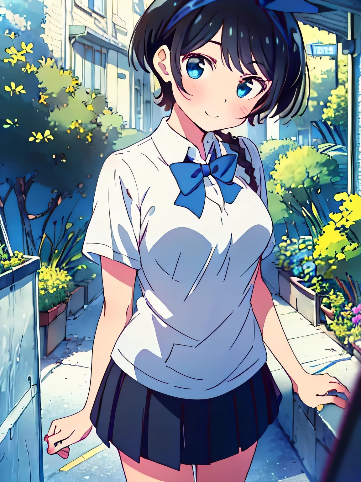 masterpiece, Best Quality,Illustration, Wallpaper, Ultra Detail, 1girl in,Solo,Beautiful detailed eyes,Very thick contour lines、Medium Short-Cut Hair、Short, Braided hair、(school uniform)、Dark hair color、cute smile、Overlooking angle:1.2、small head、ample breasts