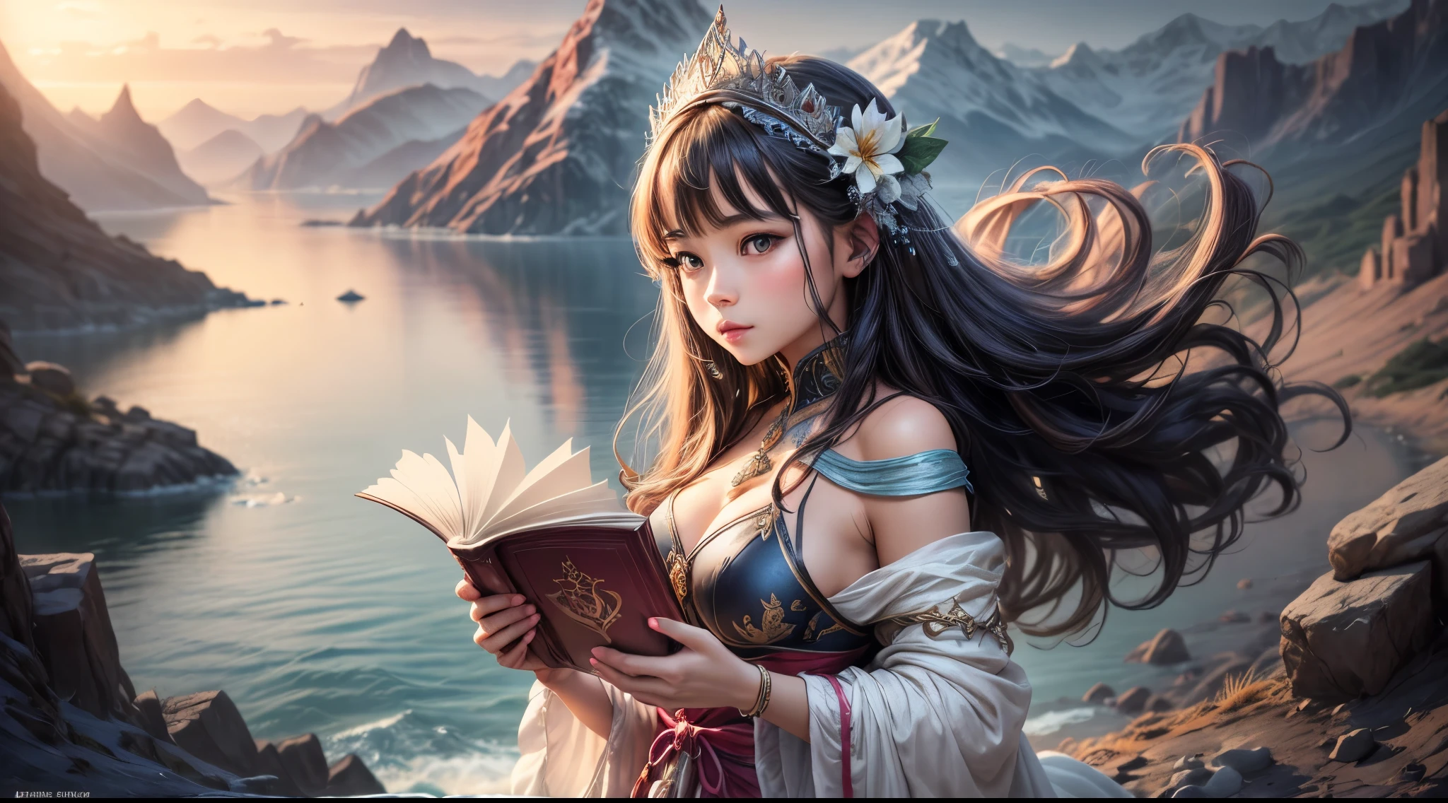 "A realistic photograph of a girl, adorned in enchanting attire, holding an ancient-looking book against the backdrop of a serene seascape. The magic in the air is palpable, accentuated by the soft play of light and shadow. The image merges fantasy and reality, making it an ideal cover for a magical adventure novel."