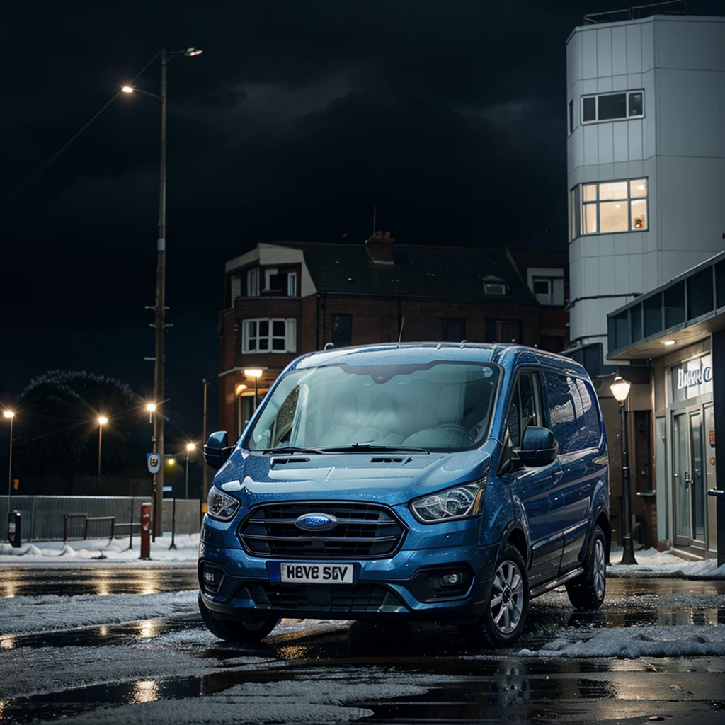 Blue Ford Transit, driving in Sheffield, rainy winter day