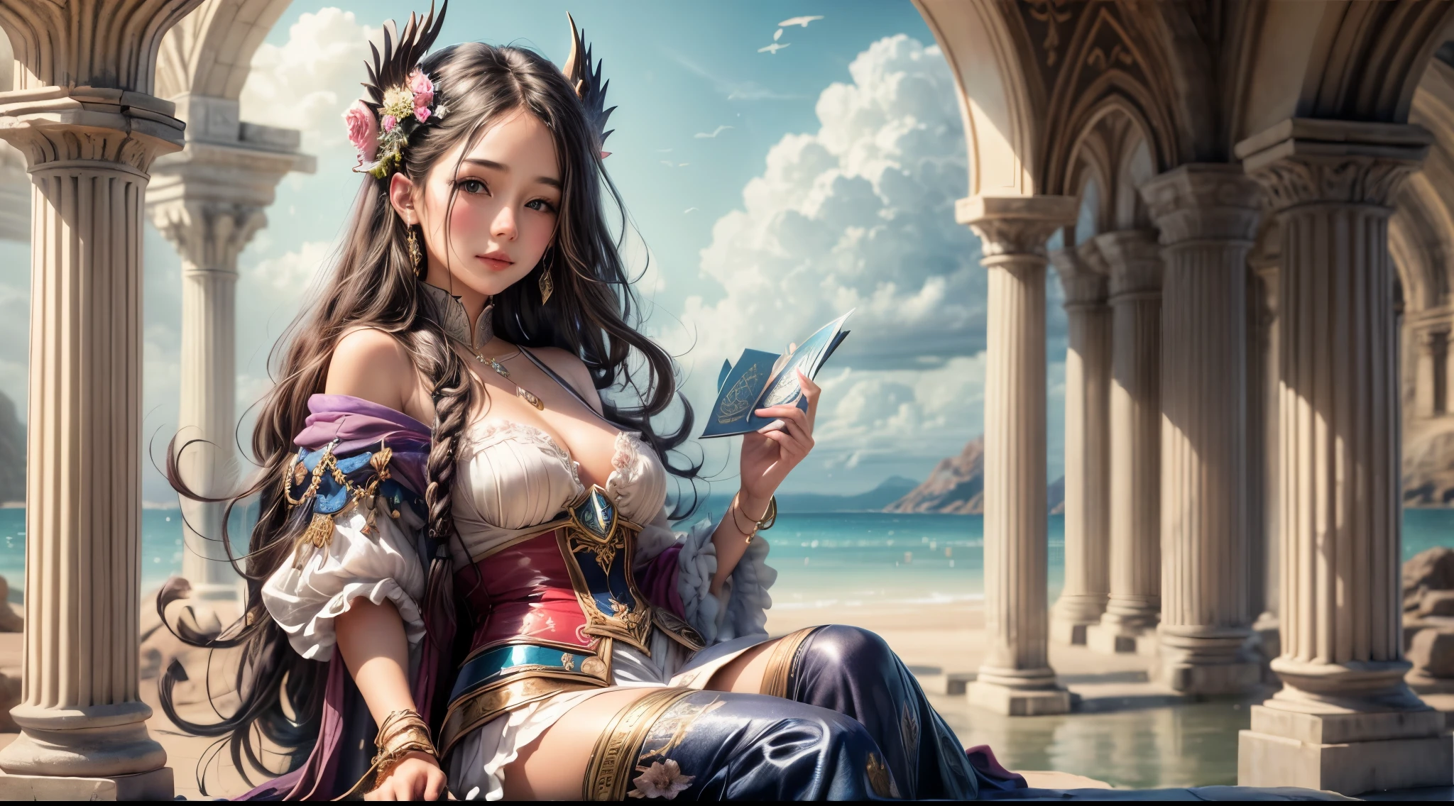 "A realistic photograph of a girl, adorned in enchanting attire, holding an ancient-looking book against the backdrop of a serene seascape. The magic in the air is palpable, accentuated by the soft play of light and shadow. The image merges fantasy and reality, making it an ideal cover for a magical adventure novel."