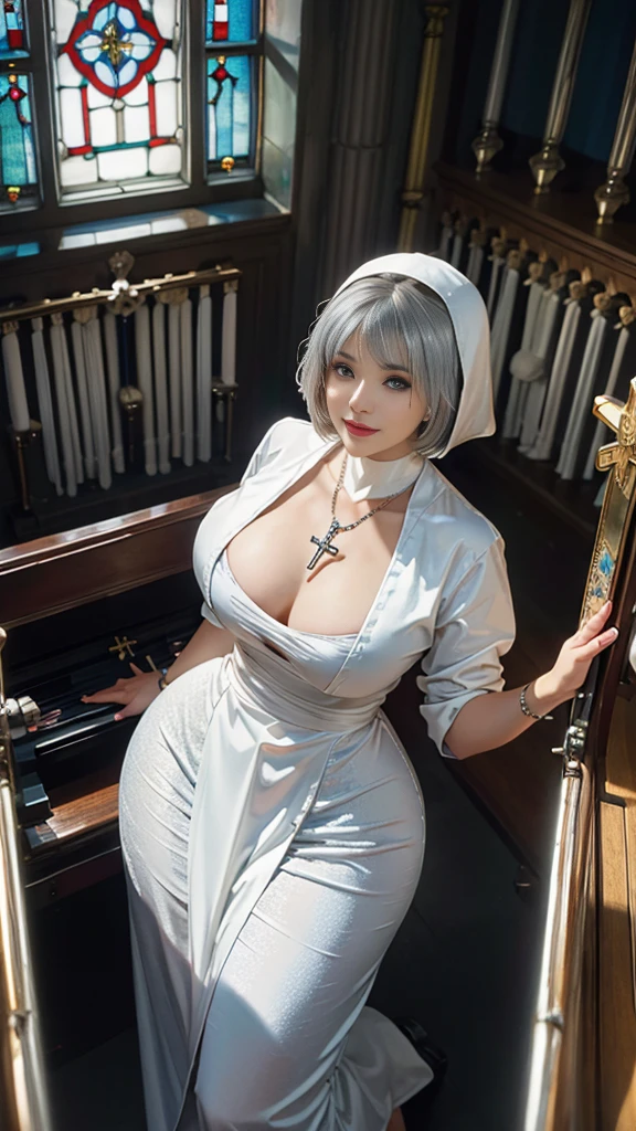 (woman, solo, nun, bobcut, silver hair, blue eyes), (habit, cross necklace), church, stained glass, organ, smile, view from above, sensual, sext