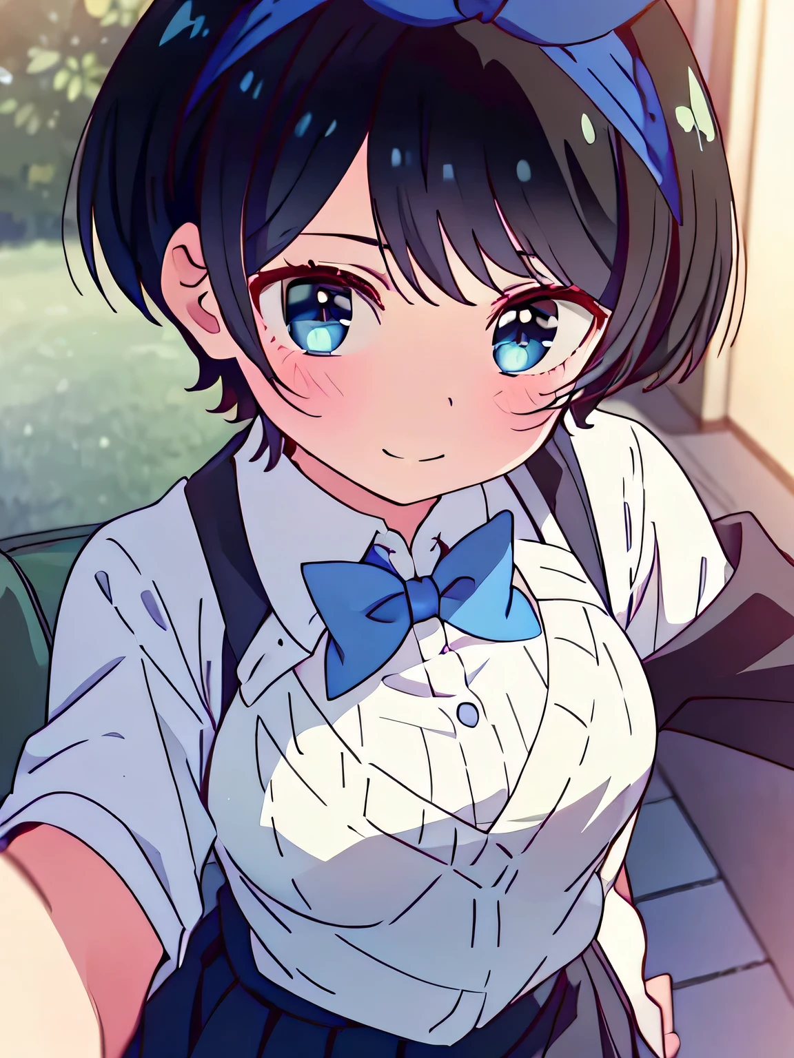 masterpiece, Best Quality,Illustration, Wallpaper, Ultra Detail, 1girl in,Solo,Beautiful detailed eyes,Very thick contour lines、Medium Short-Cut Hair、Short, Braided hair、(school uniform)、Dark hair color、cute smile、Overlooking angle:1.2、small head、ample breasts