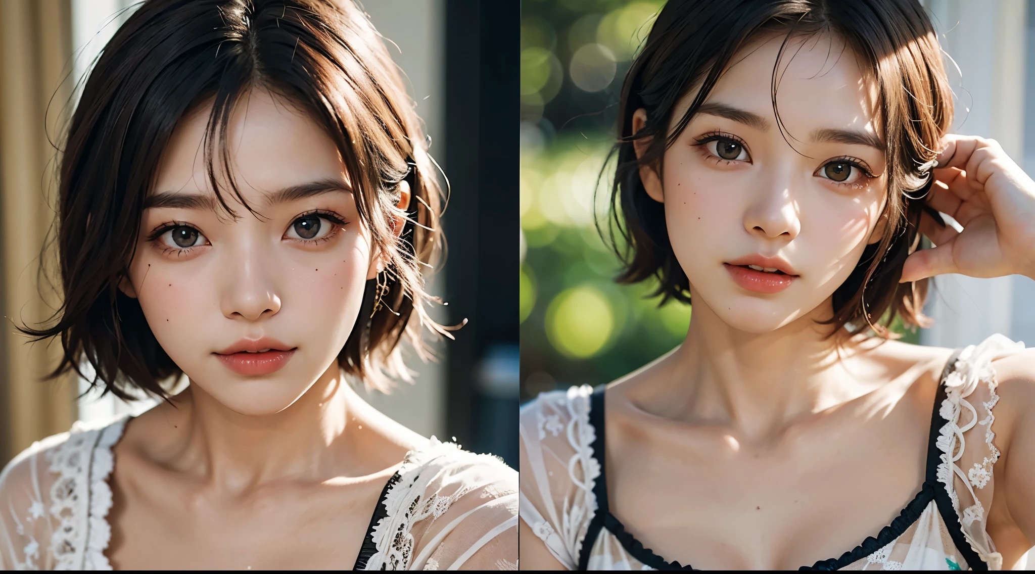 Best Quality, masutepiece, 超A high resolution, (Photorealistic:1.4), Raw photo, 1girl in, kーpop idol, short-hair, Indoor, Summer noon,Detailed eyes,(realisticeyes),delicated face,realskin,detailed hairs,Detailed skin,Beautiful face,Smiling、((Beautiful hair ornament))、