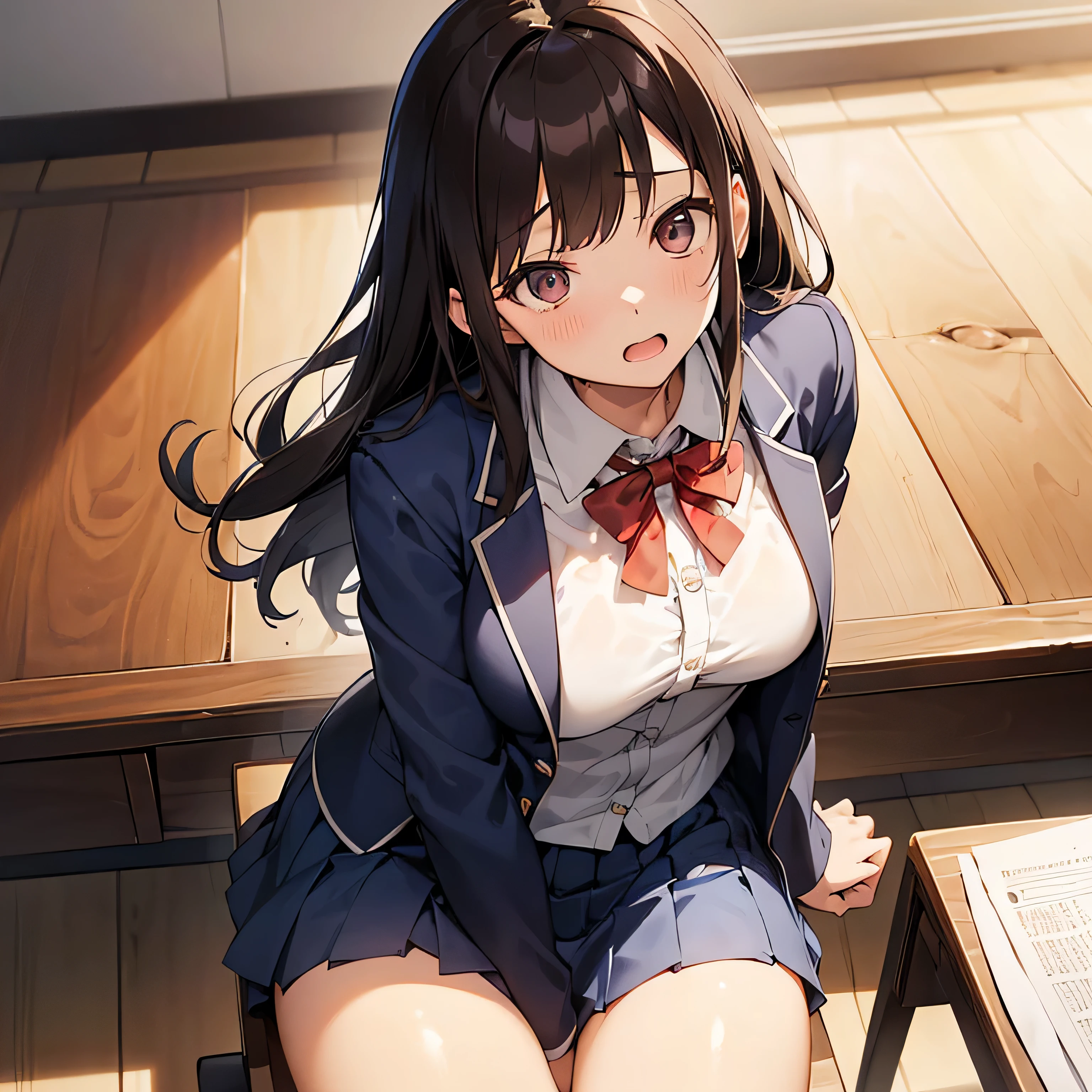 ((((masutepiece, Highest Quality, Best Quality, 1girl in, Solo, Beautiful anime、Detailed picture))))、18year old、A slender、slightly larger breasts、skinny thigh、((dark brown hair、Straight、Longhaire、Brown-eyed、rounded eyes、Clear department、、)),((Schools、‎Classroom))、((Dark blue blazer、Dark blue skirt、School uniform、bow ribbon、lowfers)))、astonished face、astonished face、NSFW、(((、Fluid overflowing from the female genitalia、Fluid overflowing from the female genitalia、dildo、open one's legs、insertion、masturbate、)))、(Sit on a wooden chair、shot from front)、Photo from the knee up、