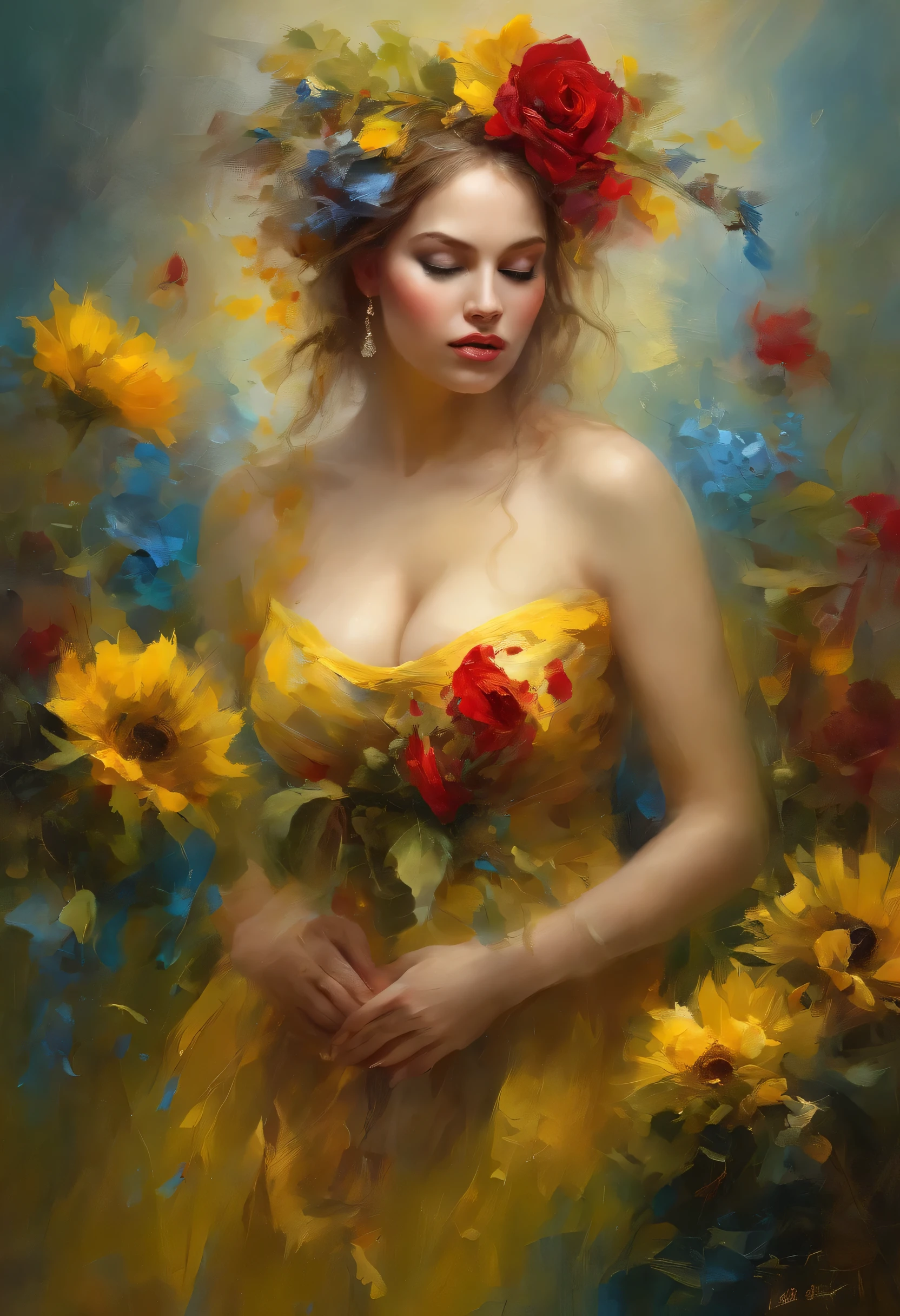((top-quality, 8K)), (Realistic), (Face Focus: 1.1), (Yellow,red, blue,green: 1.3), ukrainian woman in a dress that is in the water, closeup fantasy with water magic, fine art fashion photography, monia merlo, inspired by irakli nadar, inspired by Franz Xaver Winterhalter, with blooming flowers around her, inspired by Tatiana Hordiienko, jean-sebastien rossbach, karol bak uhd, vynok. ukrainan flower headband, sunflowers, vyshyvanka dress, pom-poms, roses, dreamy, (seductive), (erotic), (huge breasts:1.5),big chest,well-rounded figure, no bra, (open chest) , topless, , (open chest), bare, revealing