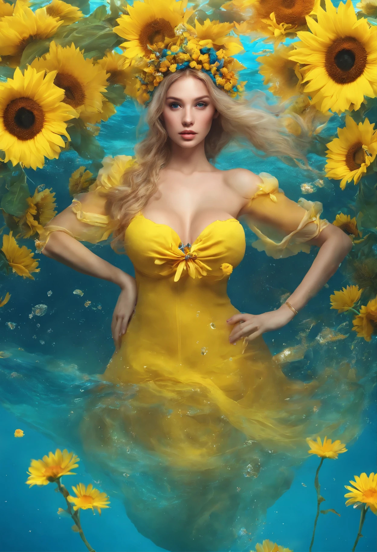((top-quality, 8K)), (Realistic), (Face Focus: 1.1), (Yellow,blue: 1.3), ukrainian woman in a dress that is in the water, closeup fantasy with water magic, fine art fashion photography, monia merlo, inspired by irakli nadar, inspired by Franz Xaver Winterhalter, with blooming flowers around her, inspired by Tatiana Hordiienko, jean-sebastien rossbach, karol bak uhd, vynok. ukrainan flower headband, sunflowers, vyshyvanka dress, pom-poms, ukrainian flag, flag, ukrainian, (seductive), (erotic), (huge breasts:1.5),big chest,well-rounded figure, no bra, (open chest) , topless,(open chest)