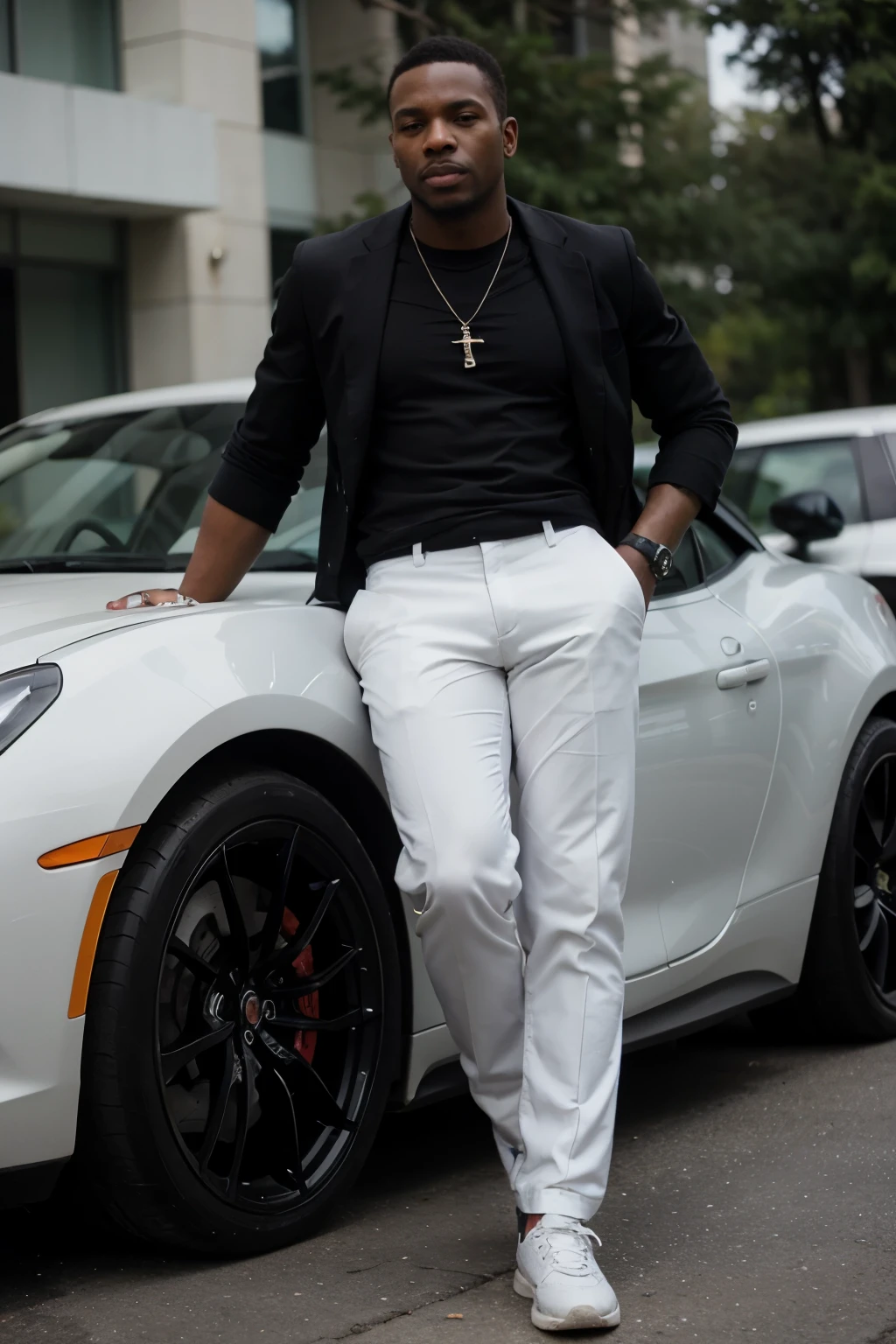 Rich black man behind a sports car