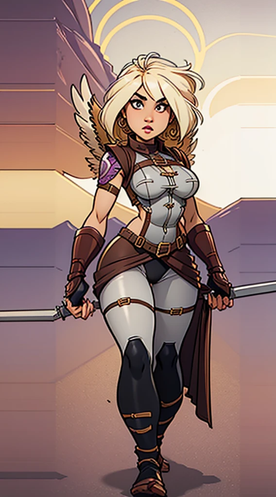 Generates a detailed image of an adult woman with brown skin, blonde hair, and purple eyes. Imagine that you are wearing an aviator vest, with every detail like buttons and pockets. His chest armor shows a red circle with a black D, highlighting textures and reliefs. The hawk claws on your feet should be sharp, blending in organically. Make sure you capture the hawkish essence in the fusion of features and facial expression. The chest armor features a red circle with the letter D in black, highlighting a meticulous design with elegant lines and subtle engravings. The surface reflects a metallic shine, accentuating the durability of the armor. Embossed textures around the emblem provide an artistic touch, while the ergonomic fit ensures mobility without compromising protection. The combination of aesthetic and functional elements merges harmoniously in this unique piece. With metal Falcon wings.