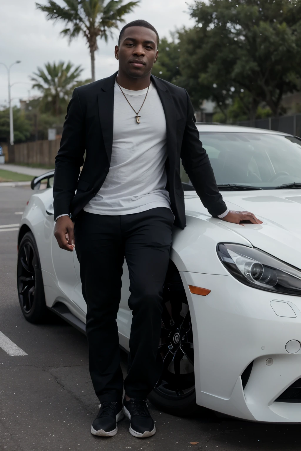 Rich black man behind a sports car