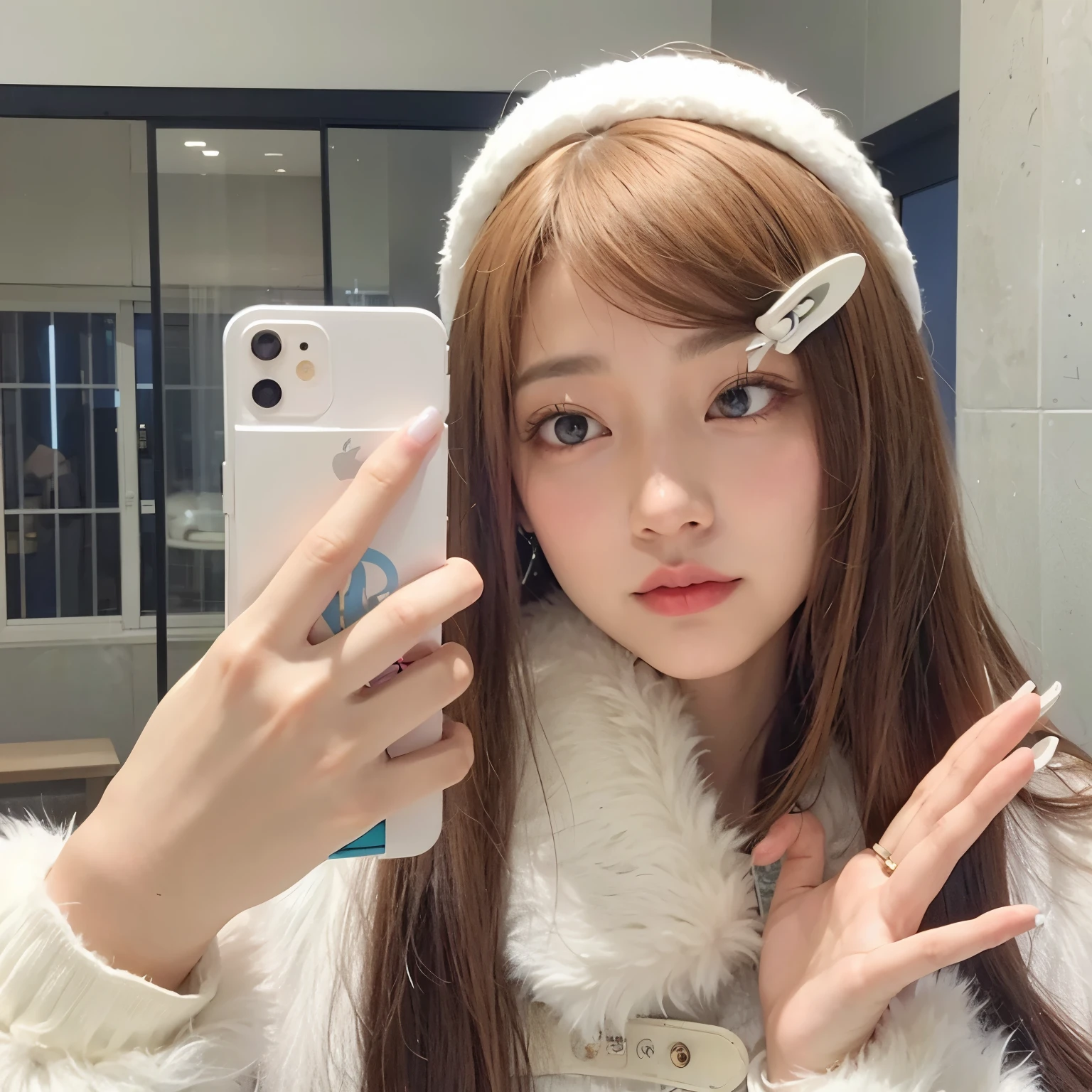 arafed woman taking a selfie in a mirror with a cell phone, Lalisa Manobal, ulzzang, Lalisa Manoban de Blackpink, El Corte Hime, Peinado blanco de corte hime, con cara linda - fina -, Jinyoung Shin, Jossi de Blackpink, Hermosa Delphine, with index finger, Sakimichan, Parque Ji-min