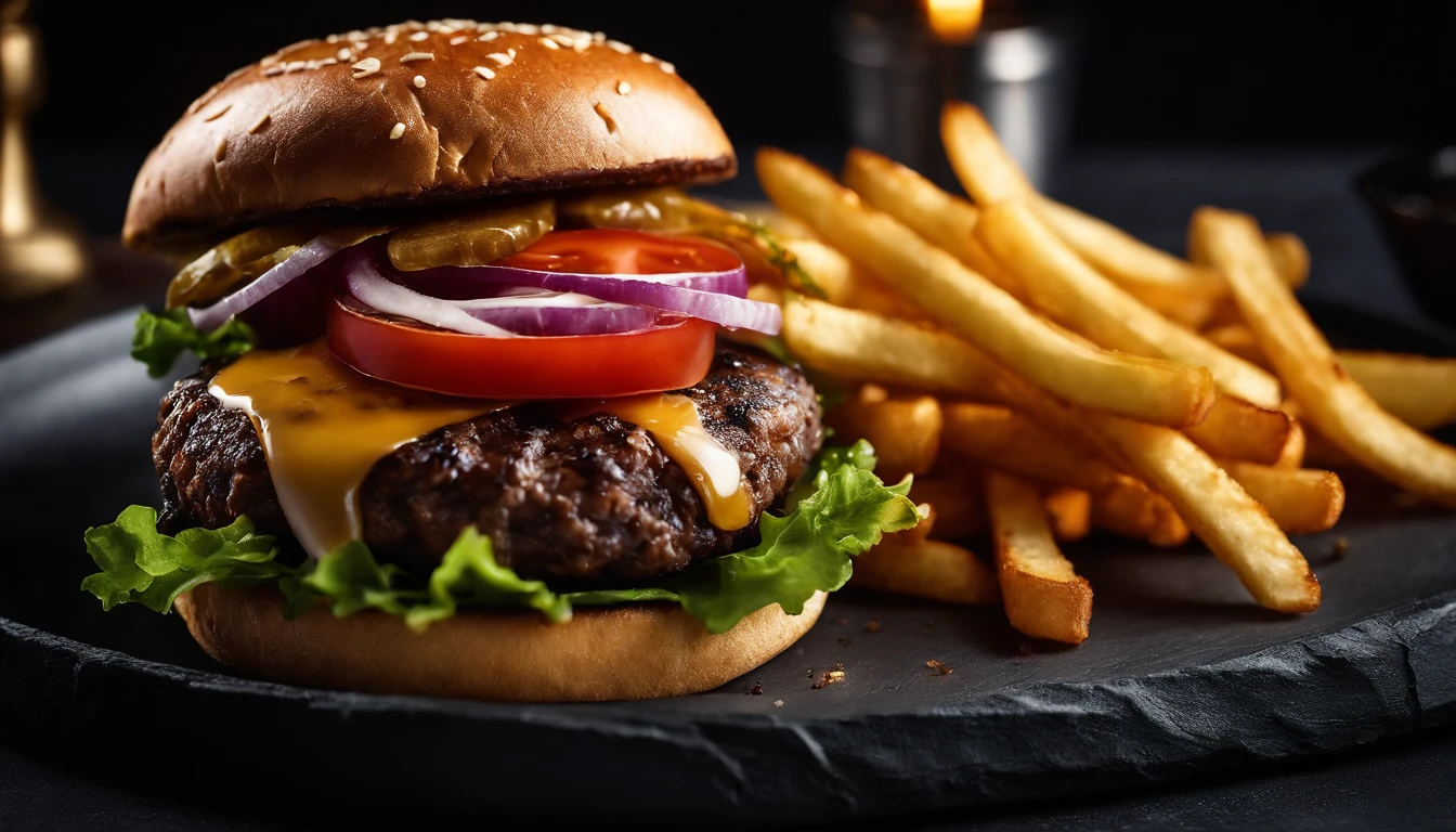An aesthetic photo of a hamburger served on a trendy black slate plate with a side of golden crispy fries, showcasing the burger’s modern and stylish presentation