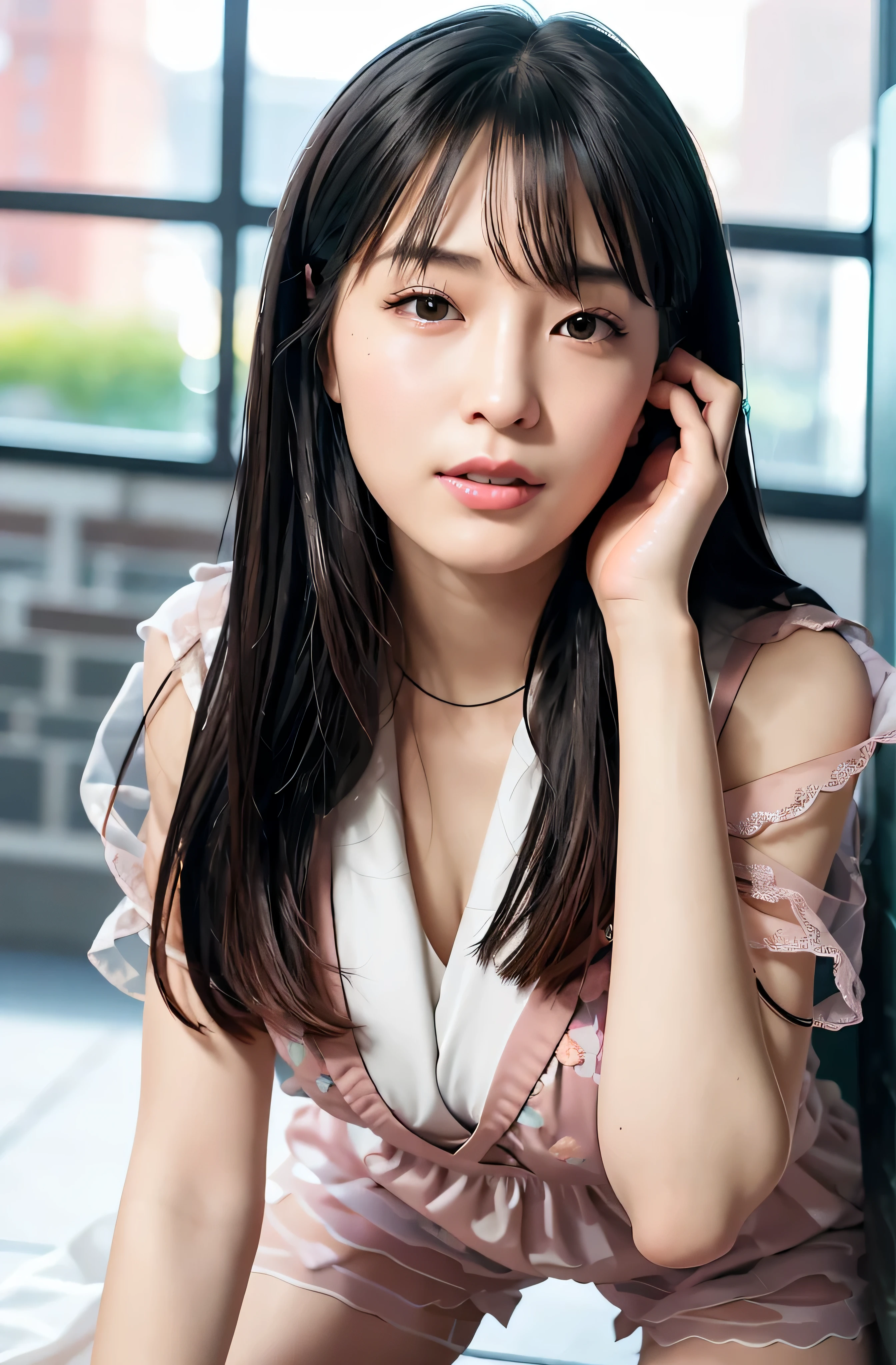 (8k、RAW Photos、highest quality、masterpiece:1.2)、(Realistic、Realistic)、1 girl、((full body shot)), standard height,narrow waist, slim body,8k、High resolution、punk fashion、beautiful girl、Android Body、young、white skin,、narrow eyes, lighting that illuminates、clear image、intellectual beauty、skinny、no makeup、anxious look、lighting that illuminates ,shining hair、single eyelid,blue eyes