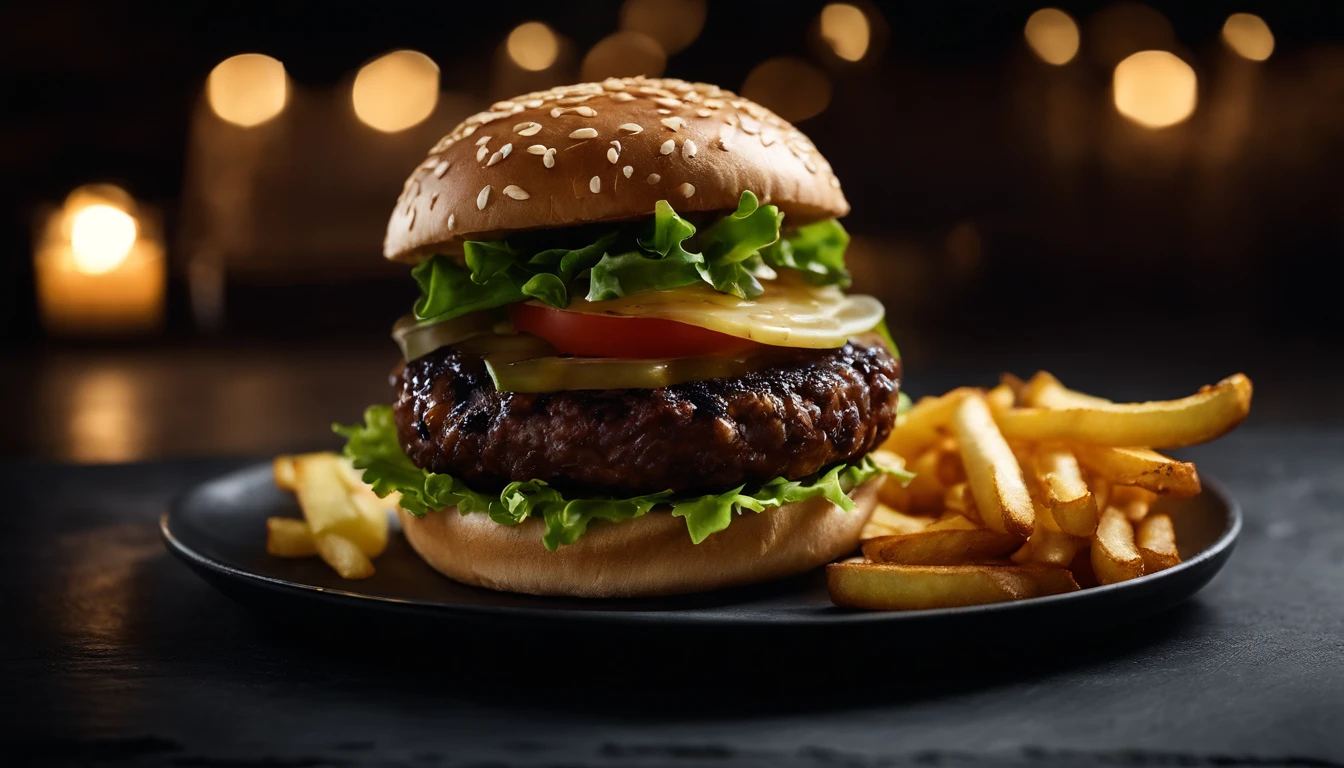 An aesthetic photo of a hamburger served on a trendy black slate plate with a side of golden crispy fries, showcasing the burger’s modern and stylish presentation