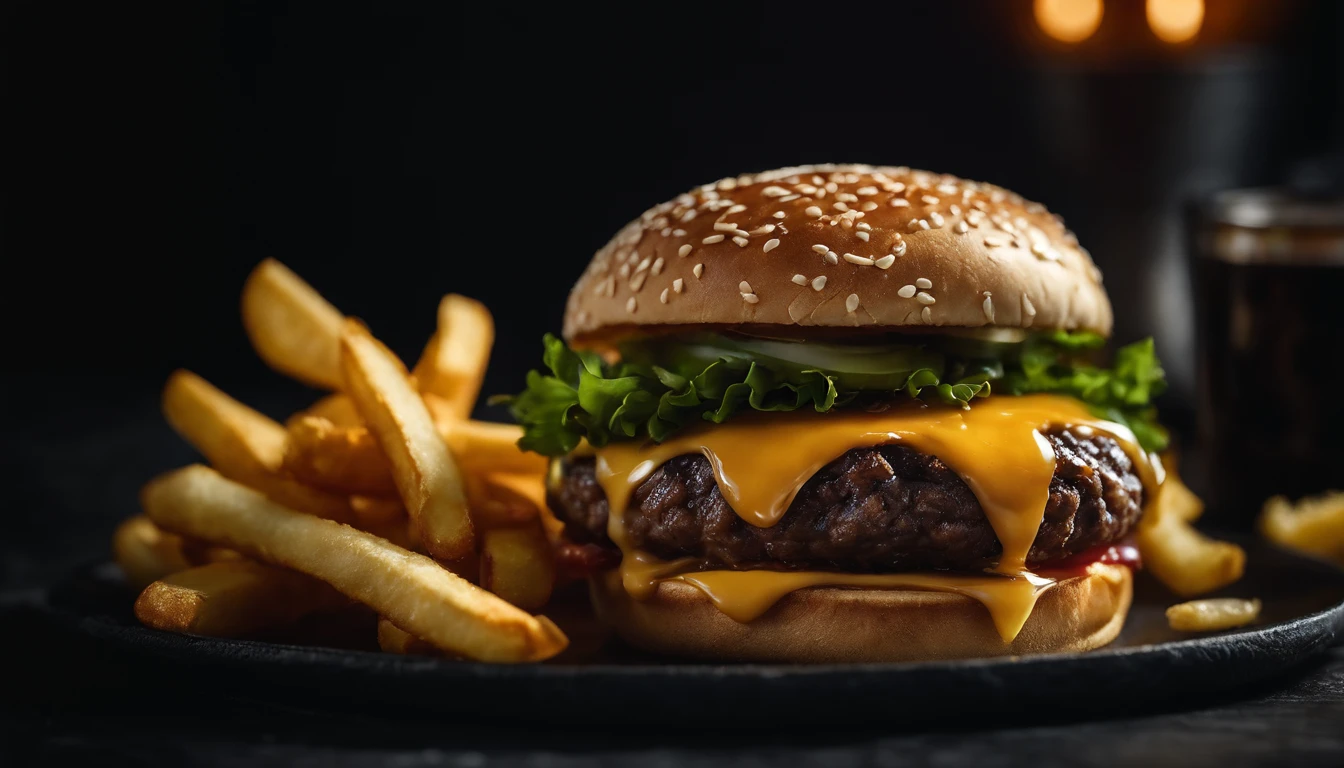 An aesthetic photo of a hamburger served on a trendy black slate plate with a side of golden crispy fries, showcasing the burger’s modern and stylish presentation