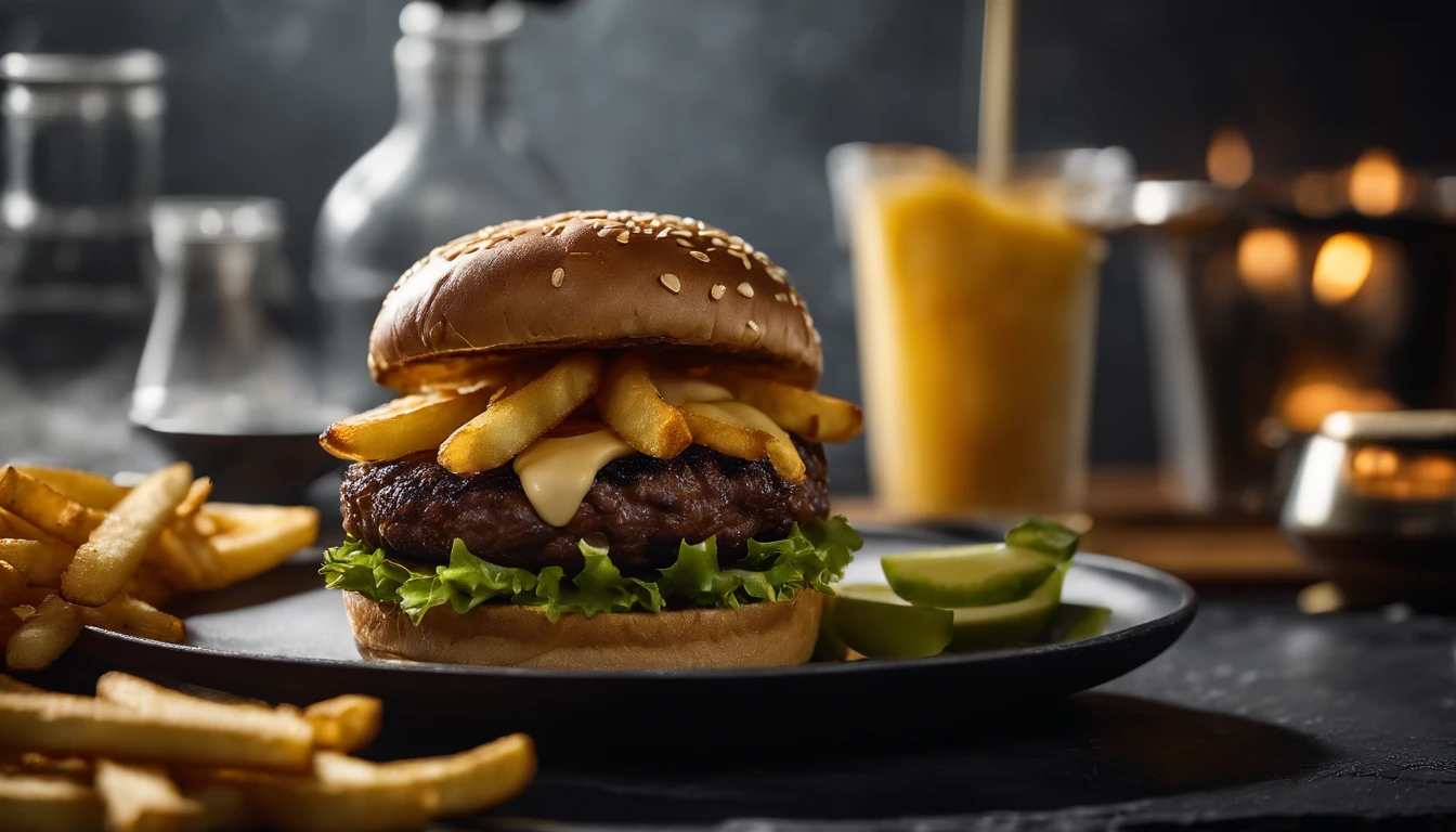 An aesthetic photo of a hamburger served on a trendy black slate plate with a side of golden crispy fries, showcasing the burger’s modern and stylish presentation