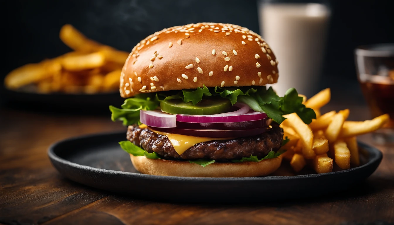 An aesthetic photo of a hamburger served on a trendy black slate plate with a side of golden crispy fries, showcasing the burger’s modern and stylish presentation